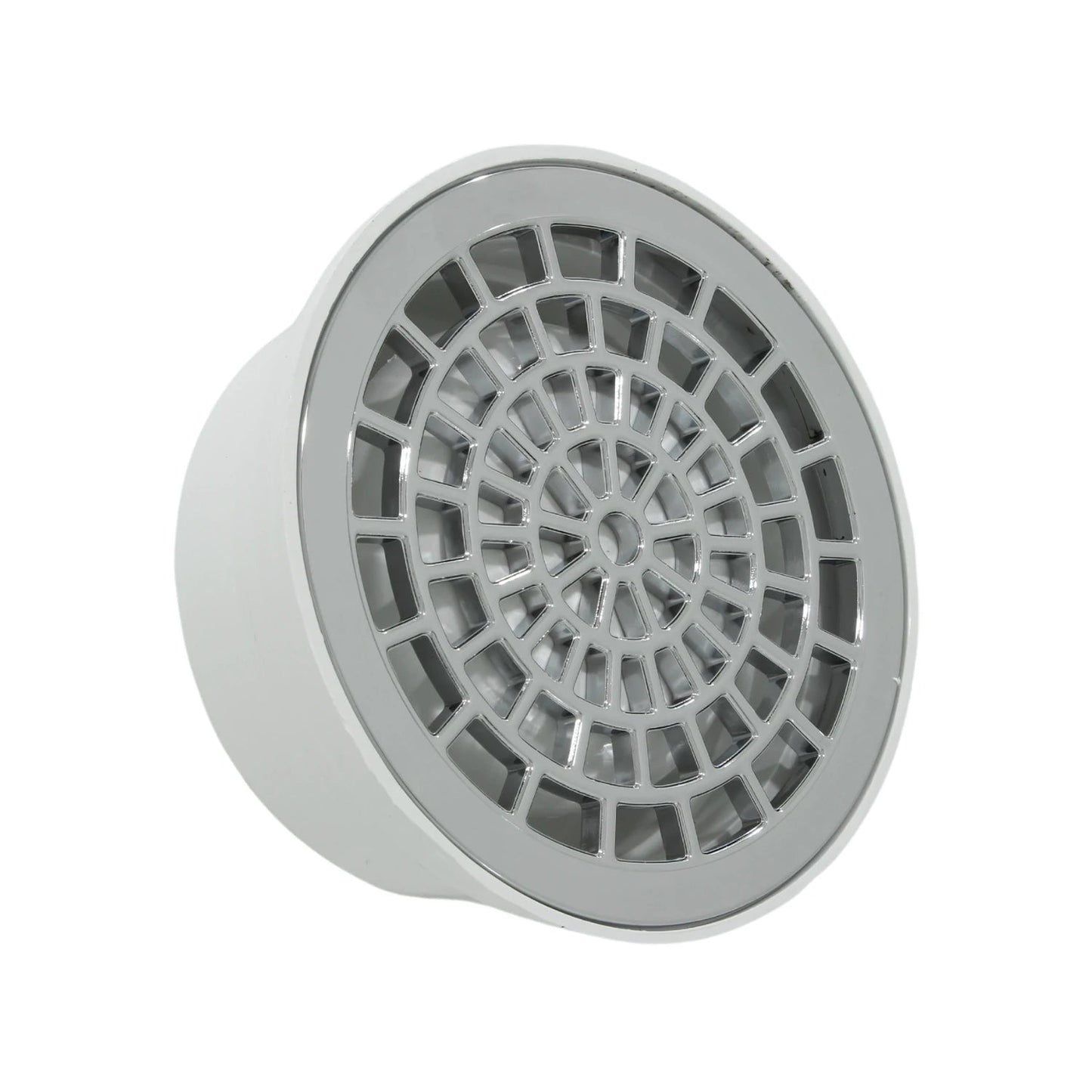 Coladera universal de piso con rejilla cromada redonda y cuerpo blanco para desagüe