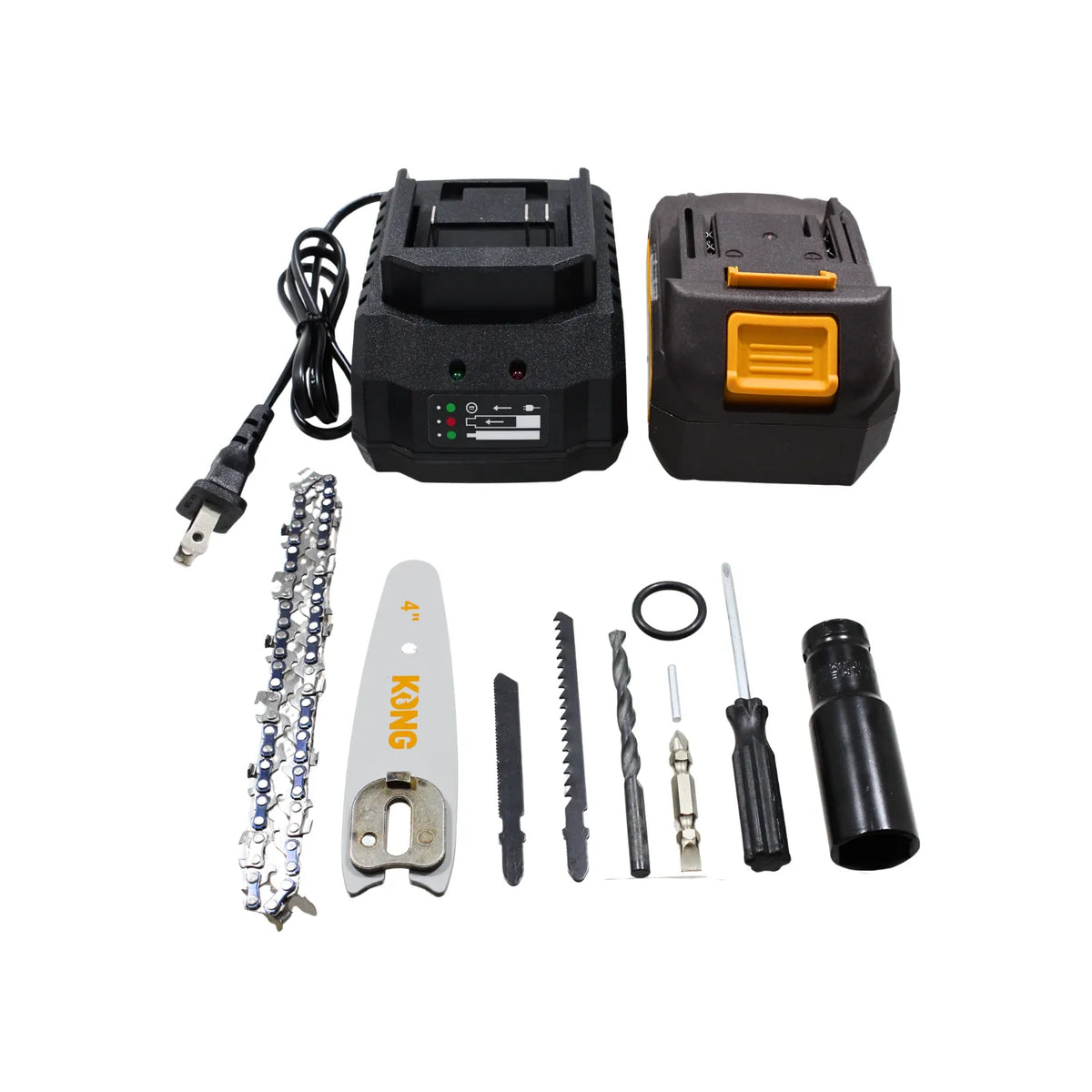 Kit de repuestos KONG para mini motosierra con batería, cargador, cadena y espada de 4 pulgadas.
