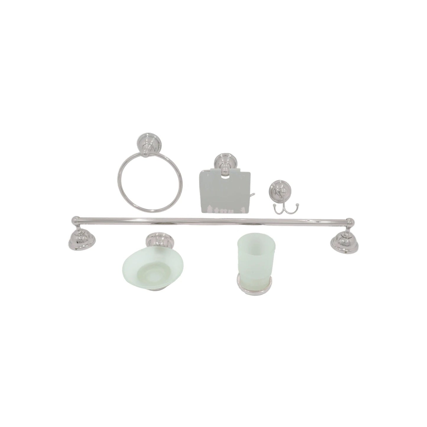 Juego de accesorios de baño satinado: toallero, portarrollos, jabonera, gancho doble, vaso y barra.