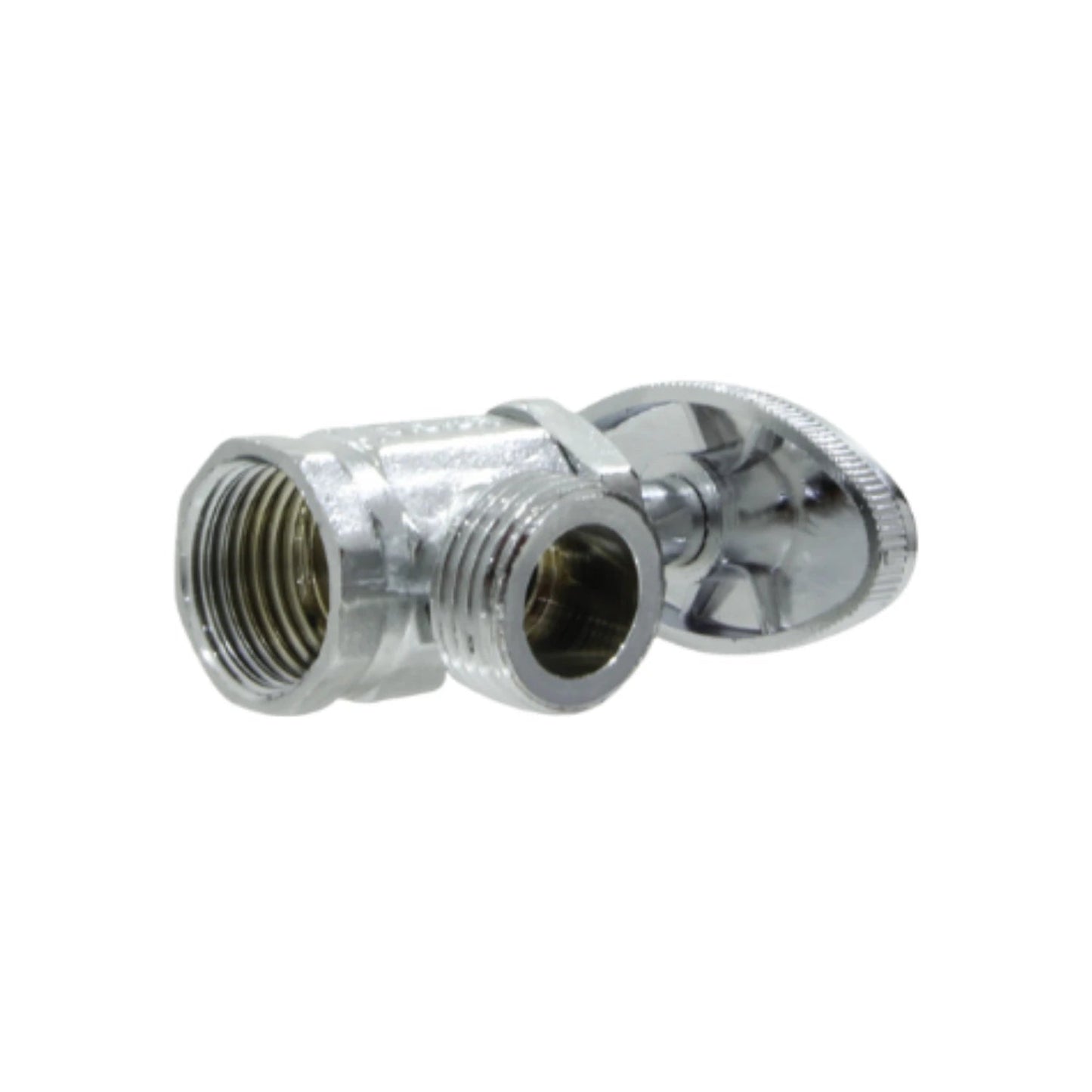 Llave angular de paso cromada para agua, rosca 1/2 pulgada, control de flujo manual en instalaciones de fontanería.