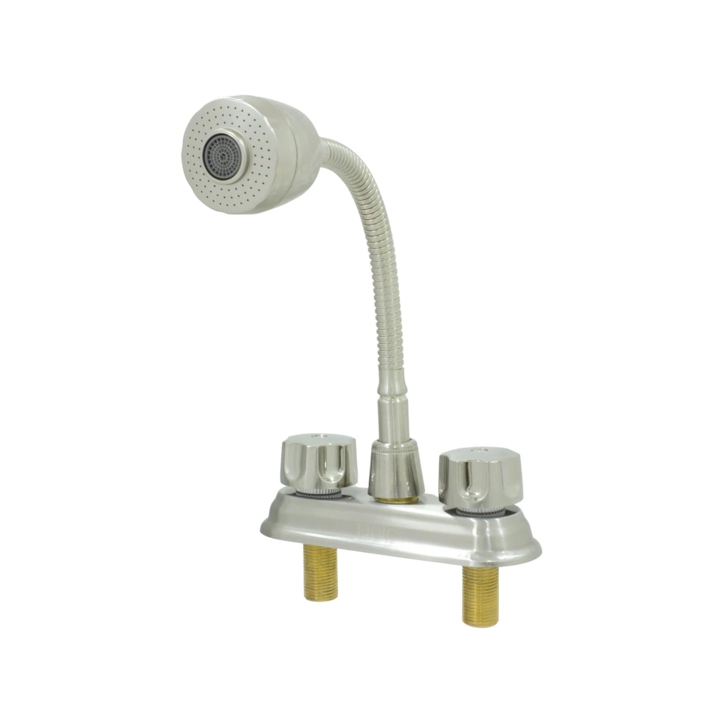 Mezcladora de lavabo cuello flexible níquel cepillado, rociador tipo regadera y doble manija para instalación 4 pulg.