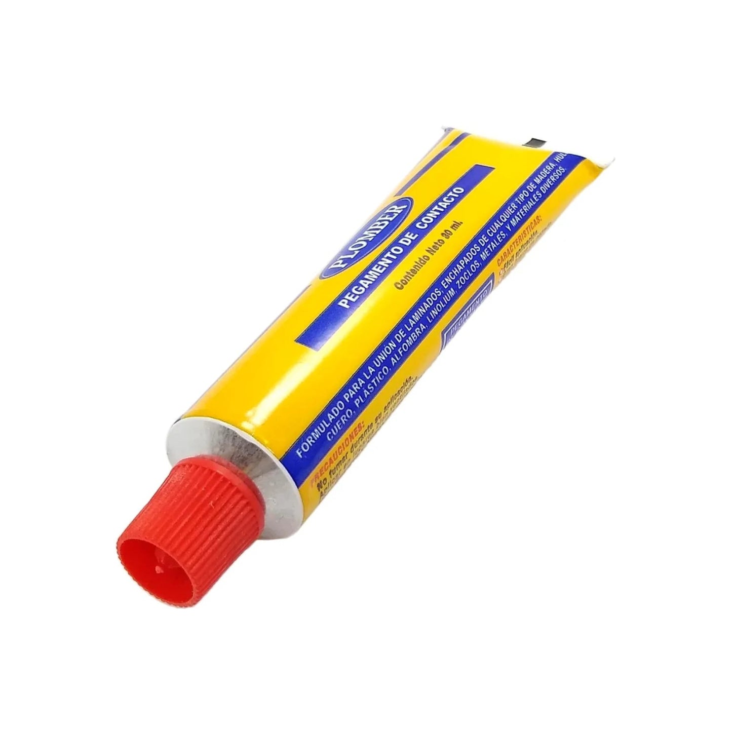 Pegamento de contacto Plomber 30ml, tubo amarillo con tapa roja. Adhesivo multiusos para madera, cuero, plástico y metal.
