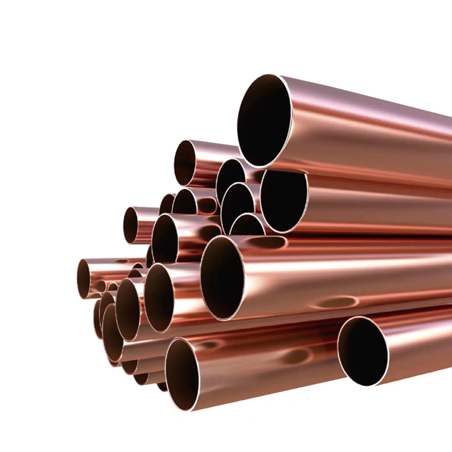 Tuberías de cobre pulido brillante apiladas, ideales para sistemas de agua, gas y climatización.