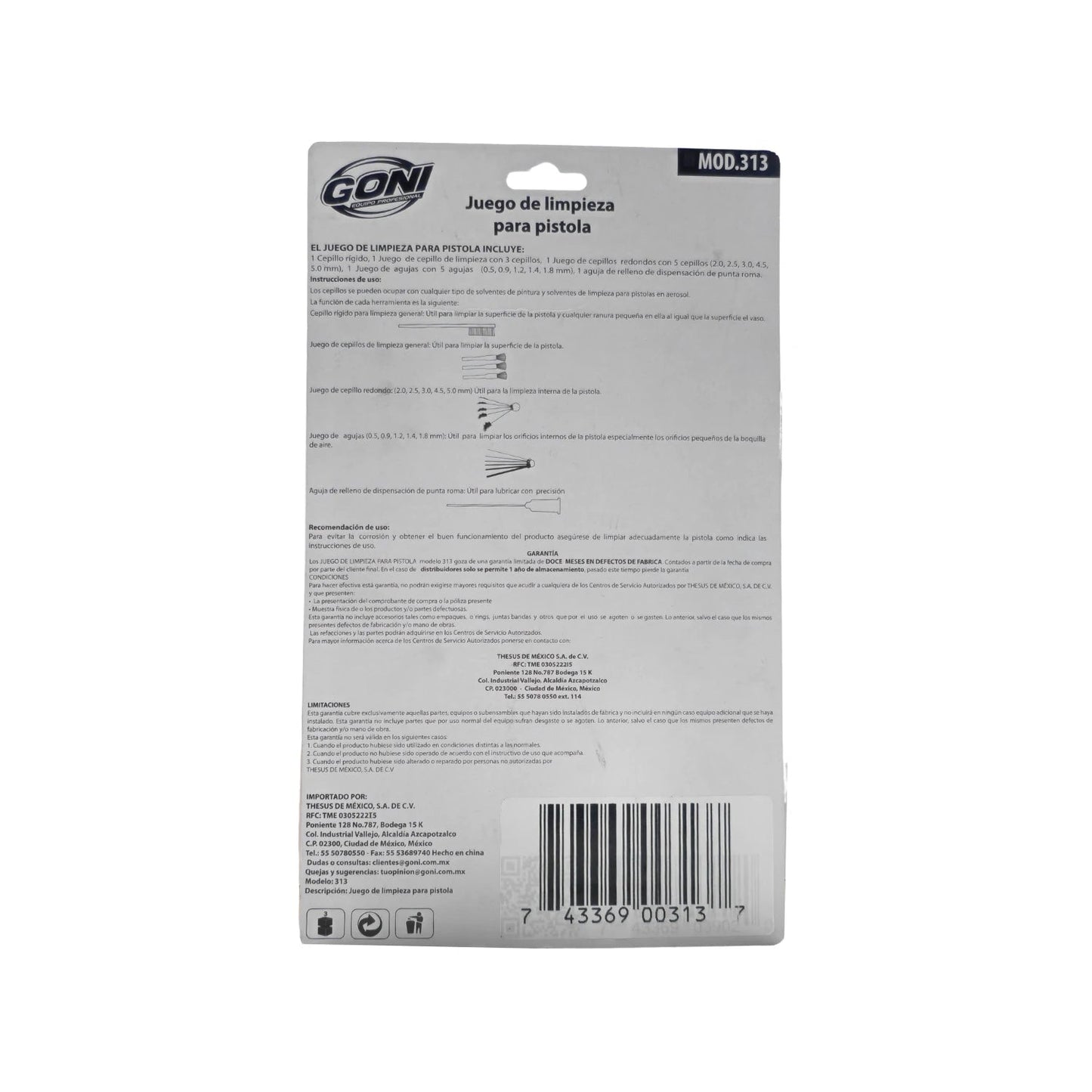 Kit Goni 313 de limpieza para pistola de pintura con cepillos, agujas y lubricador para mantenimiento preciso.