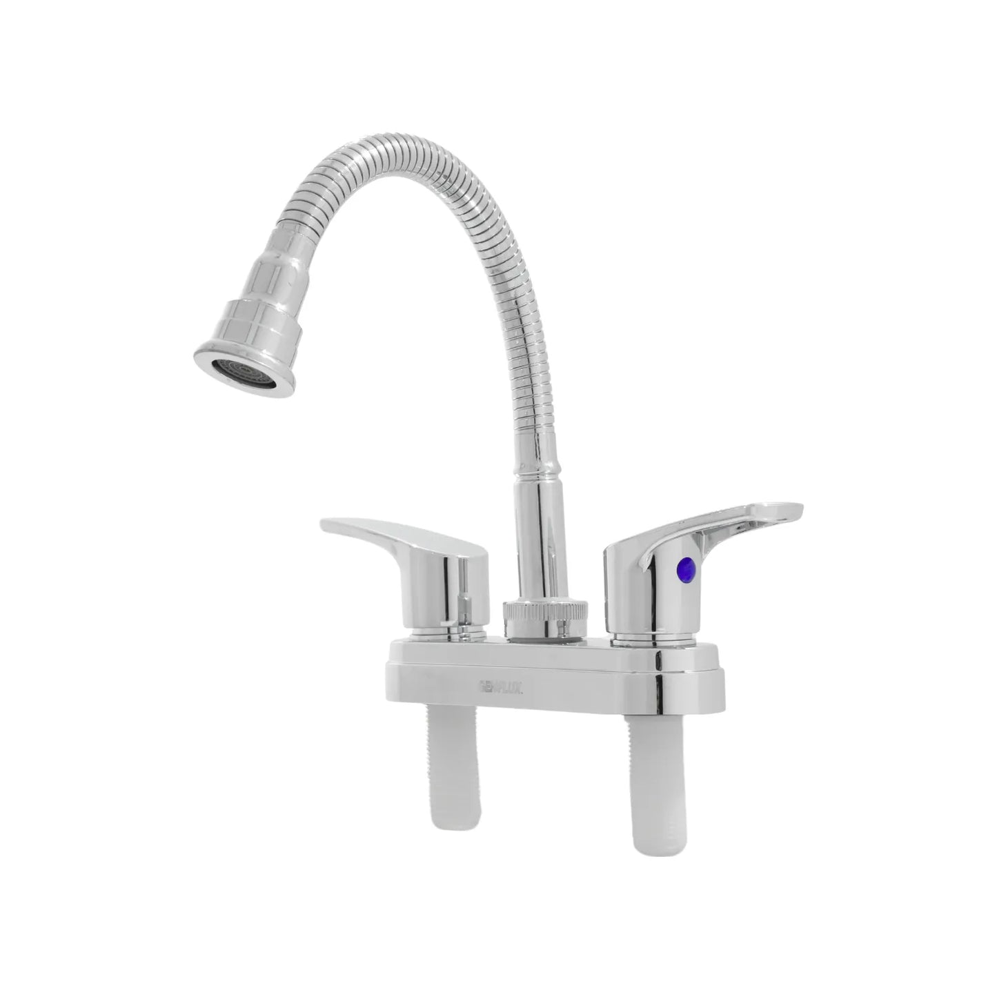 Mezcladora Gemflux para fregadero con cuello flexible y doble mando en acabado cromado.