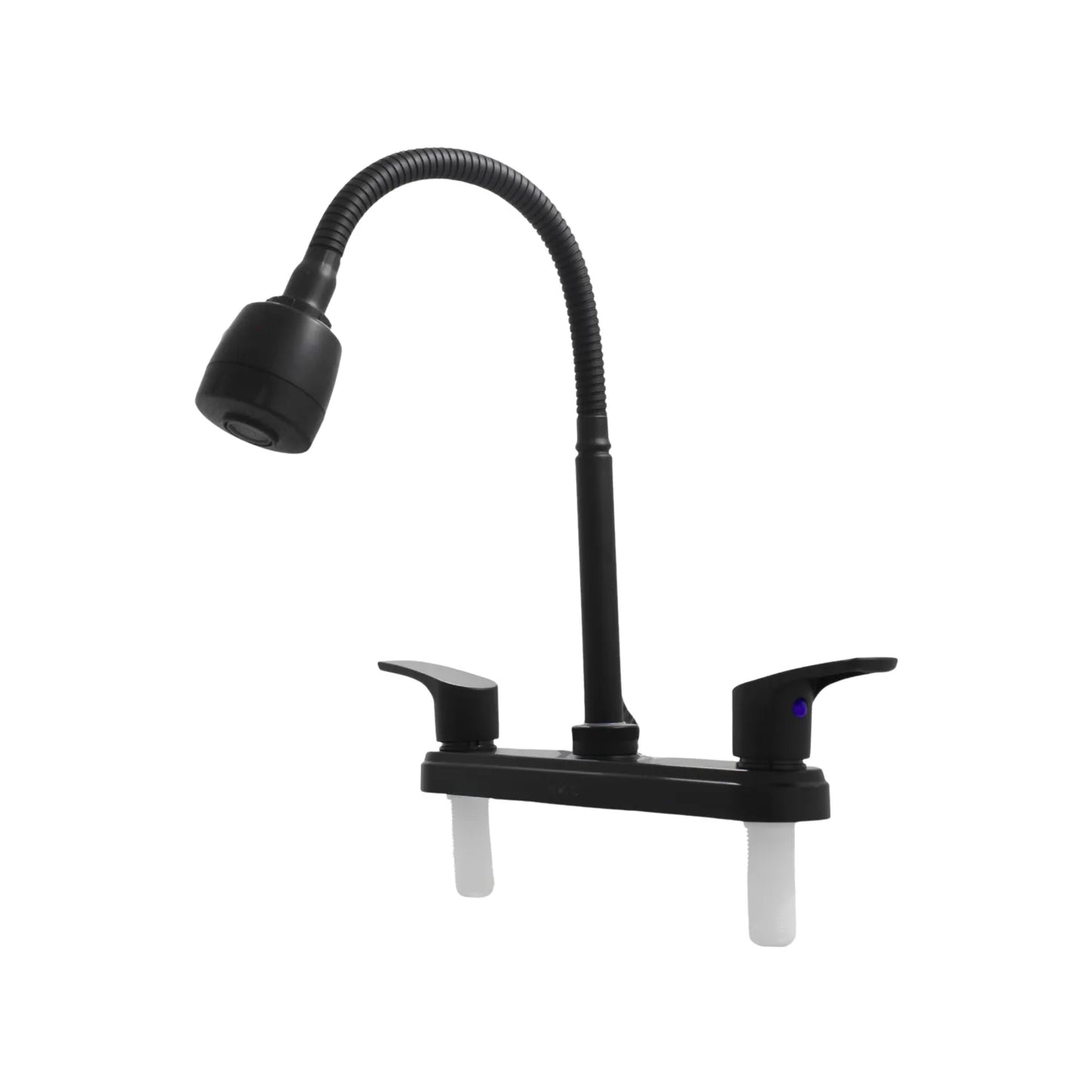 Grifo de cocina negro mate doble manija con cuello flexible y cabezal rociador para lavaplatos