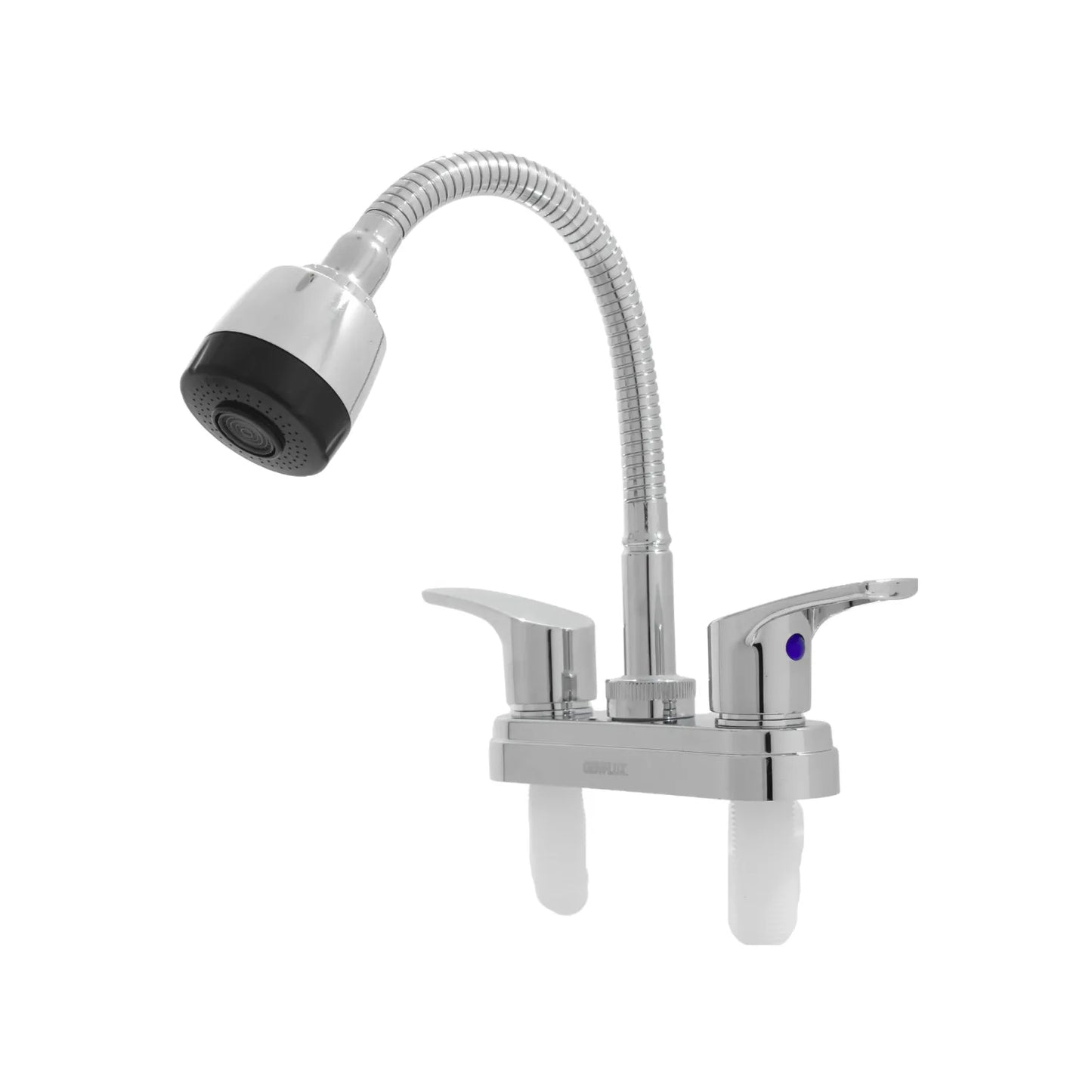 Mezcladora para fregadero cromada con cuello flexible y doble manija marca Genflux para cocina
