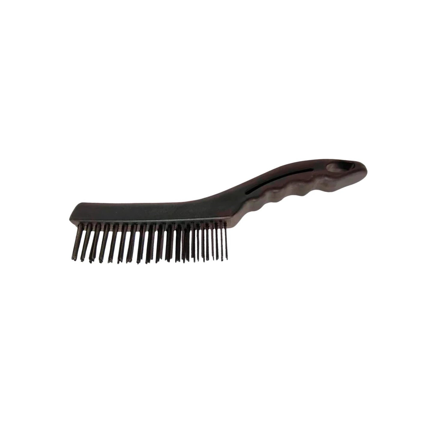 Cepillo de alambre curvo con mango ergonómico de plástico negro, ideal para remover óxido y escoria