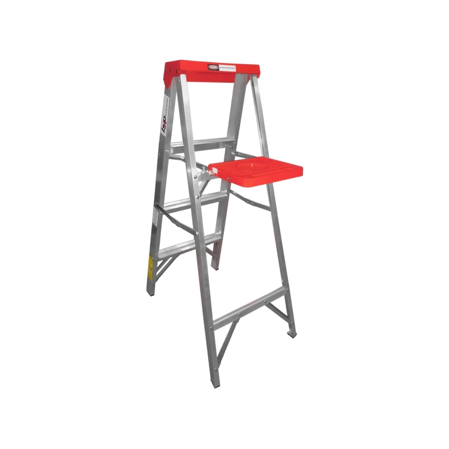 Escalera de tijera Byp de aluminio 3 peldaños con plataforma y bandeja portaherramientas roja