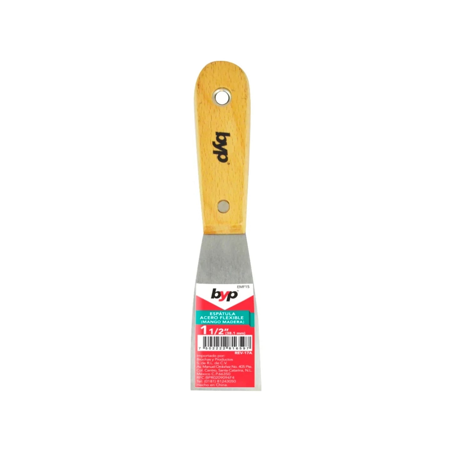 Espátula BYP de acero flexible 1 1/2" (38.1mm) con mango de madera, ideal para masilla, yeso y pintura, modelo EMF15.