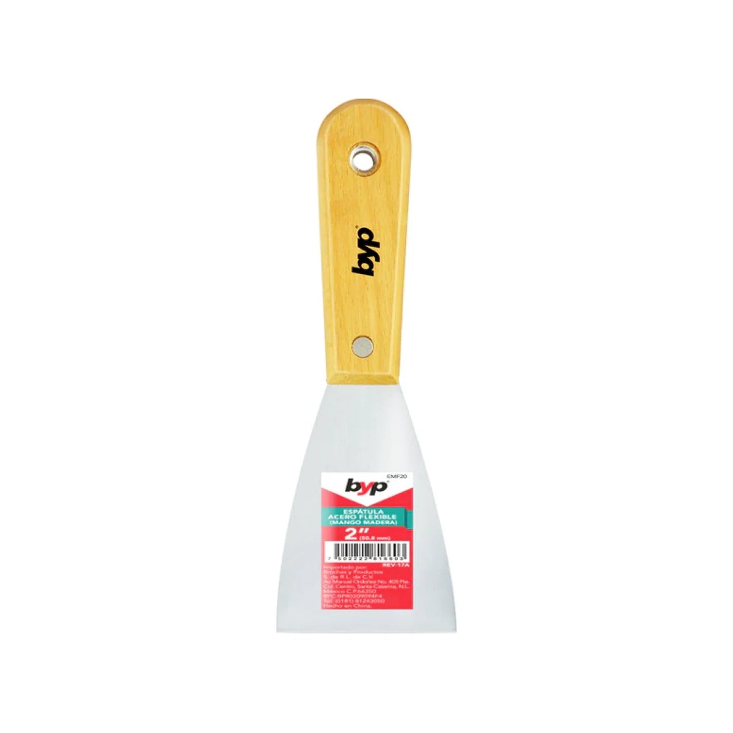 Espátula flexible Byp de 2 pulgadas con hoja de acero y mango de madera clara para masilla y pintura.