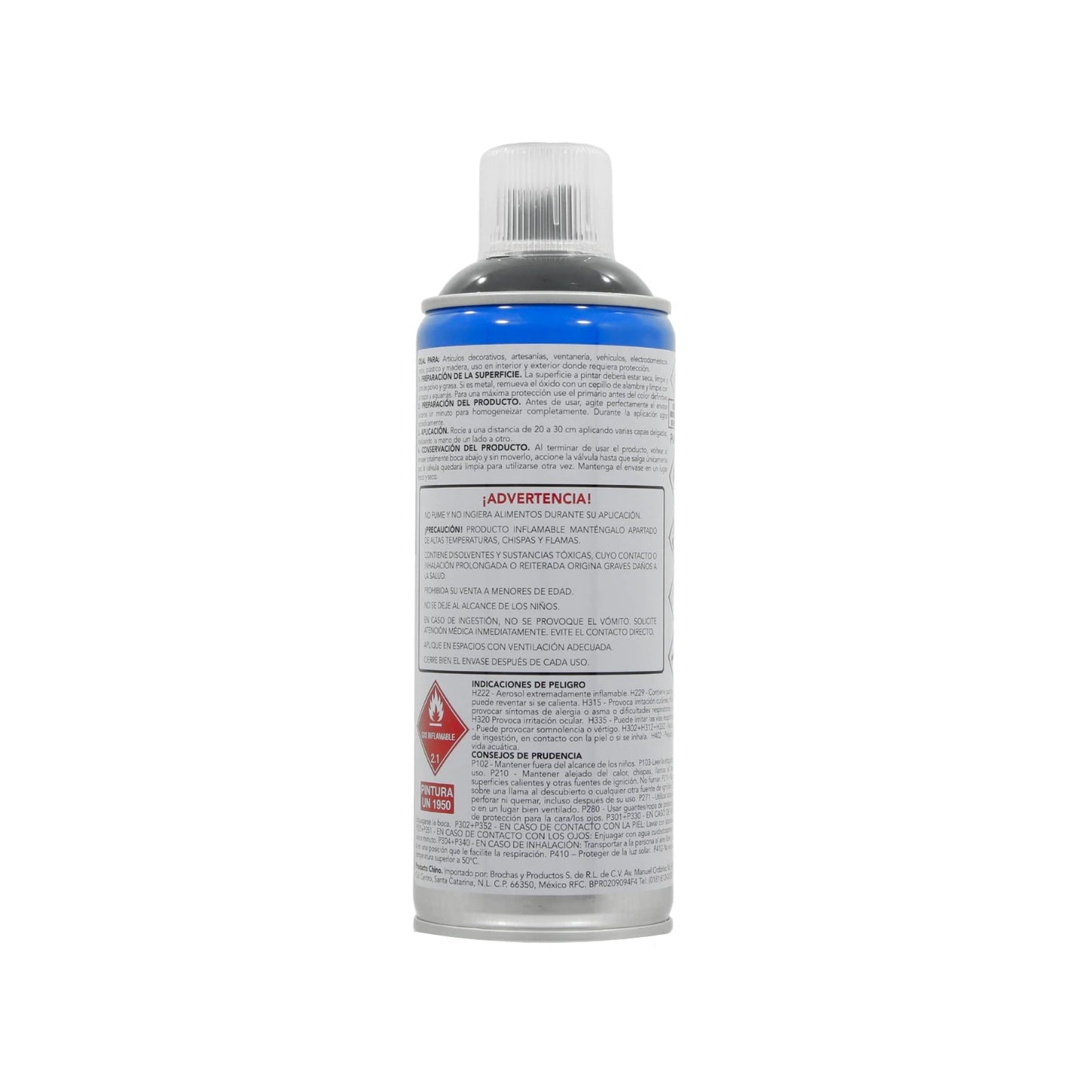 Lata de pintura en aerosol azul con tapa blanca, instrucciones y advertencias de seguridad para aplicación.