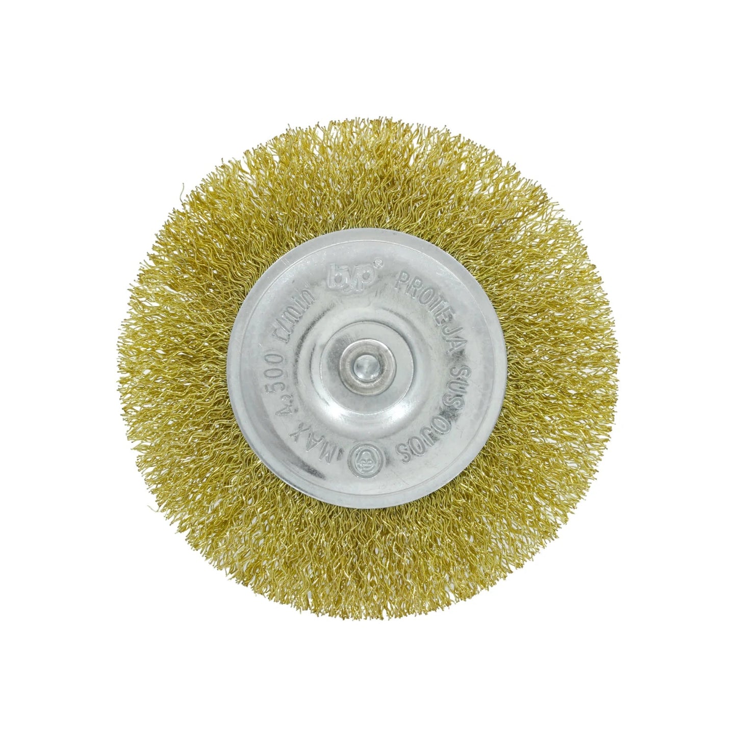 Carda circular bp de 4" para esmeriladora, alambre latón crimpado, desbaste y limpieza metal, MAX 4500 rpm