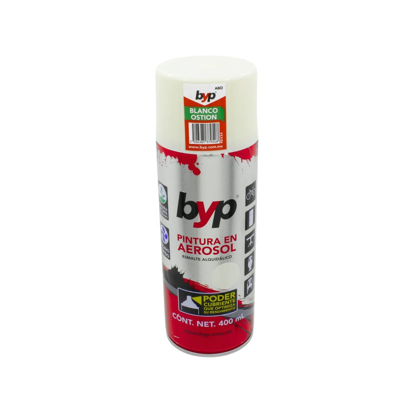 Pintura en aerosol Byp esmalte alquidálico blanco ostion 400ml, secado rápido, excelente cobertura para metal y madera.