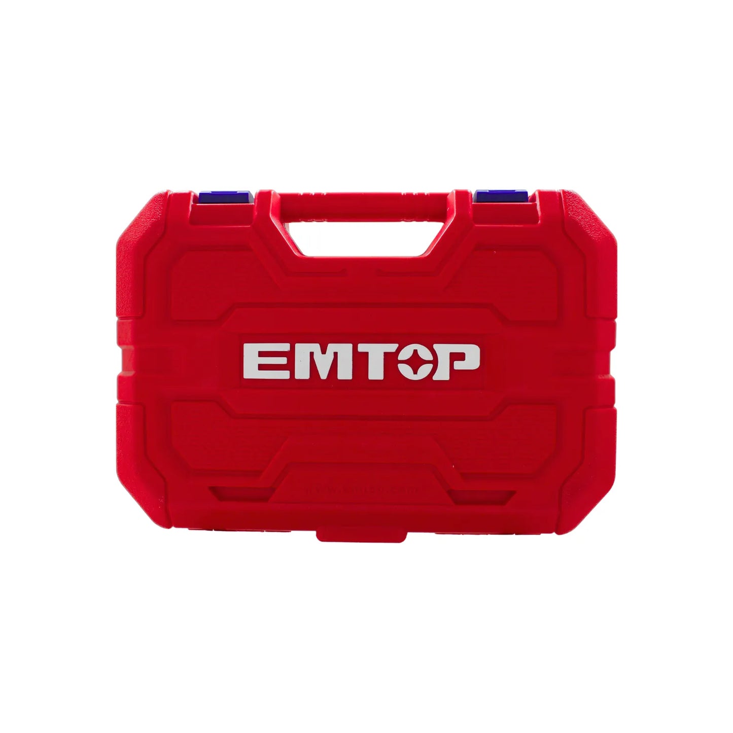 Maletín portaherramientas EMTOP plástico rígido color rojo con asa de transporte y cierres azules resistentes.
