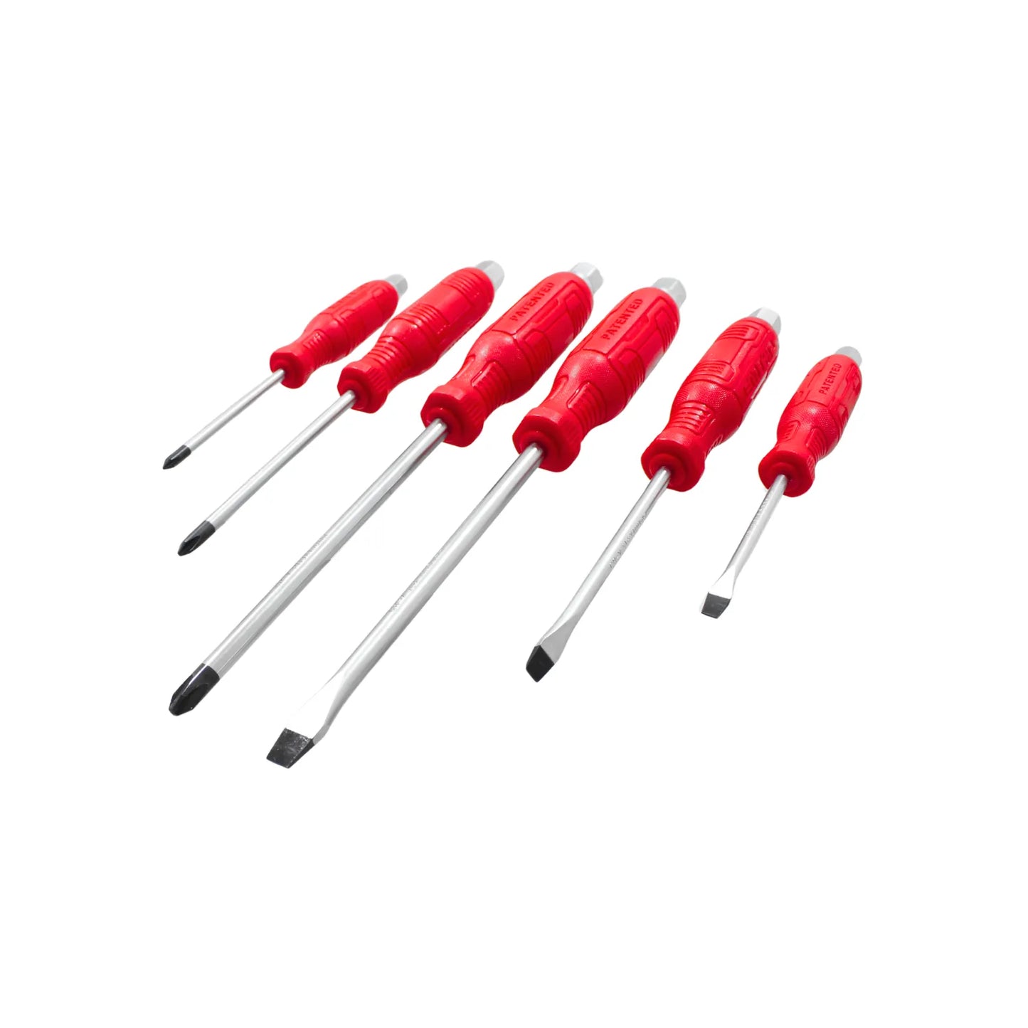 Juego de 6 destornilladores planos y Phillips con mangos ergonómicos rojos para trabajos de mantenimiento y hogar.