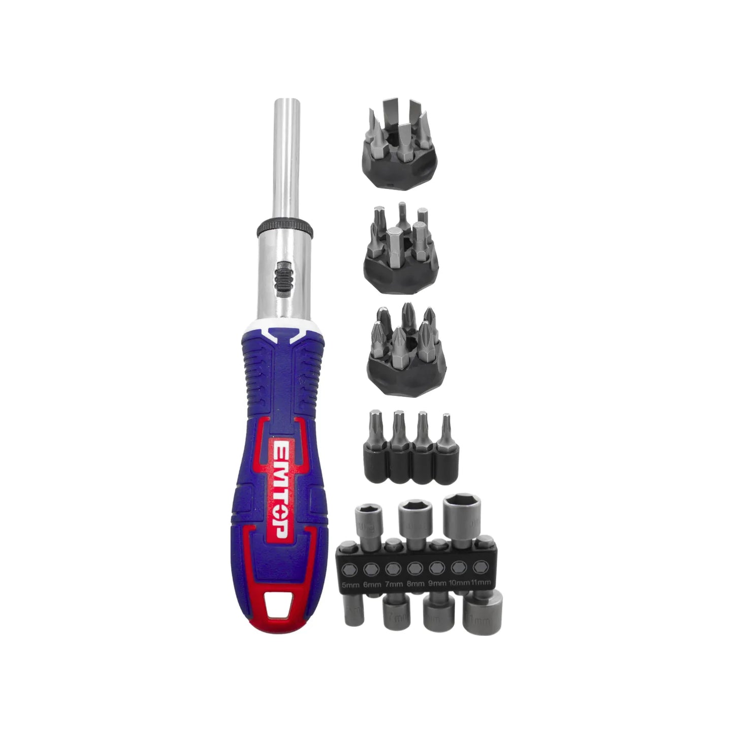 Destornillador EMTOP azul y rojo con set de puntas intercambiables Phillips, Torx y dados métricos 5-11mm.