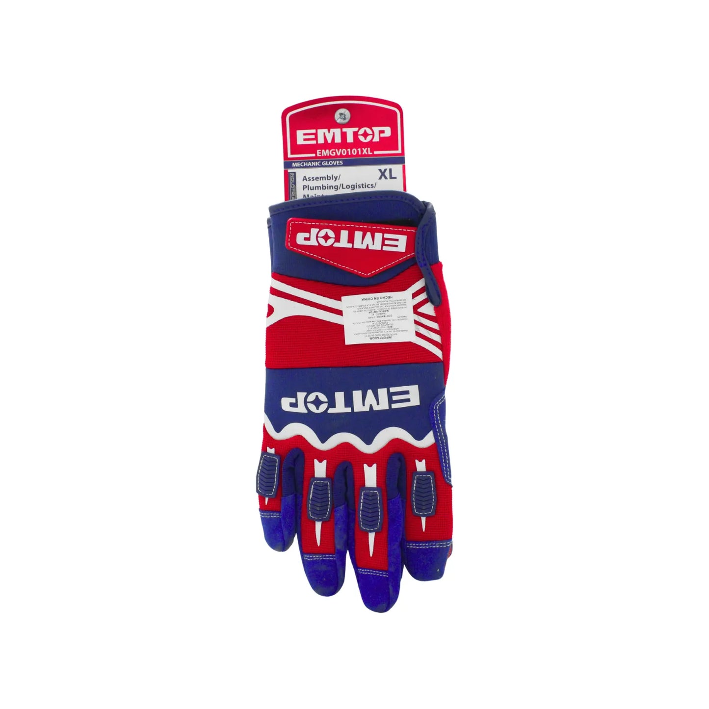Guantes de mecánico EMTOP talla XL color azul y rojo con refuerzos antimpacto para ensamble y logística.