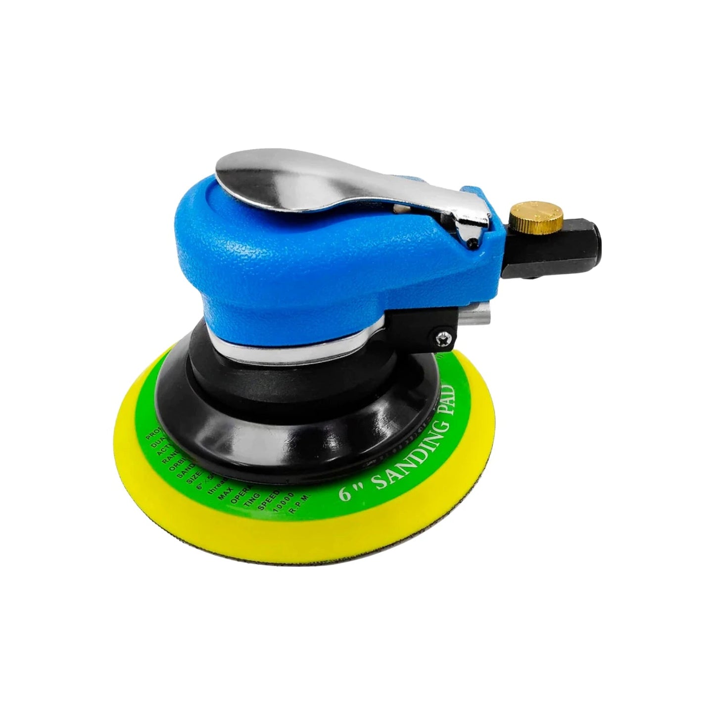 Lijadora neumática orbital aleatoria azul de 6 pulgadas, con pad amarillo para lijar madera y metal.