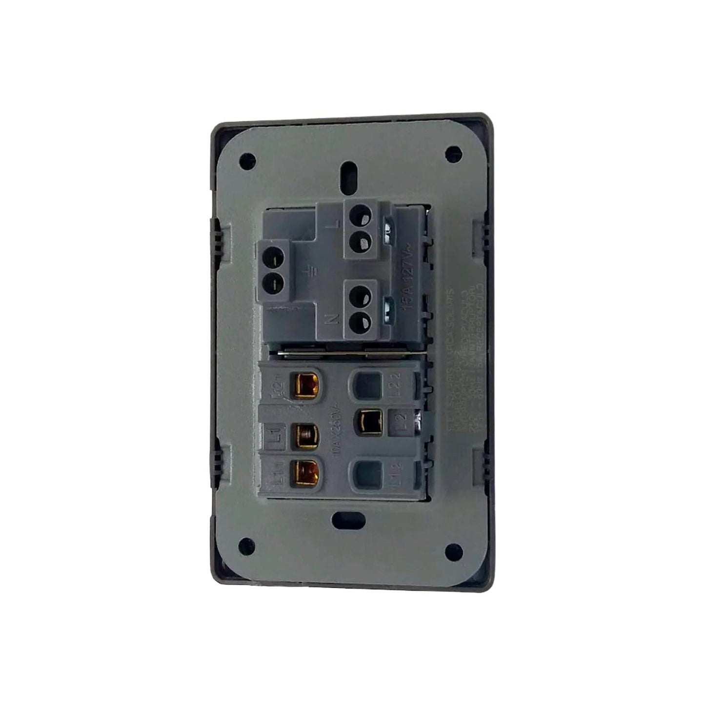 Placa eléctrica negra trasera con 2 interruptores y 1 contacto. Terminales N, L, tierra, L1, L2. 15A 127V, 10A 250V.