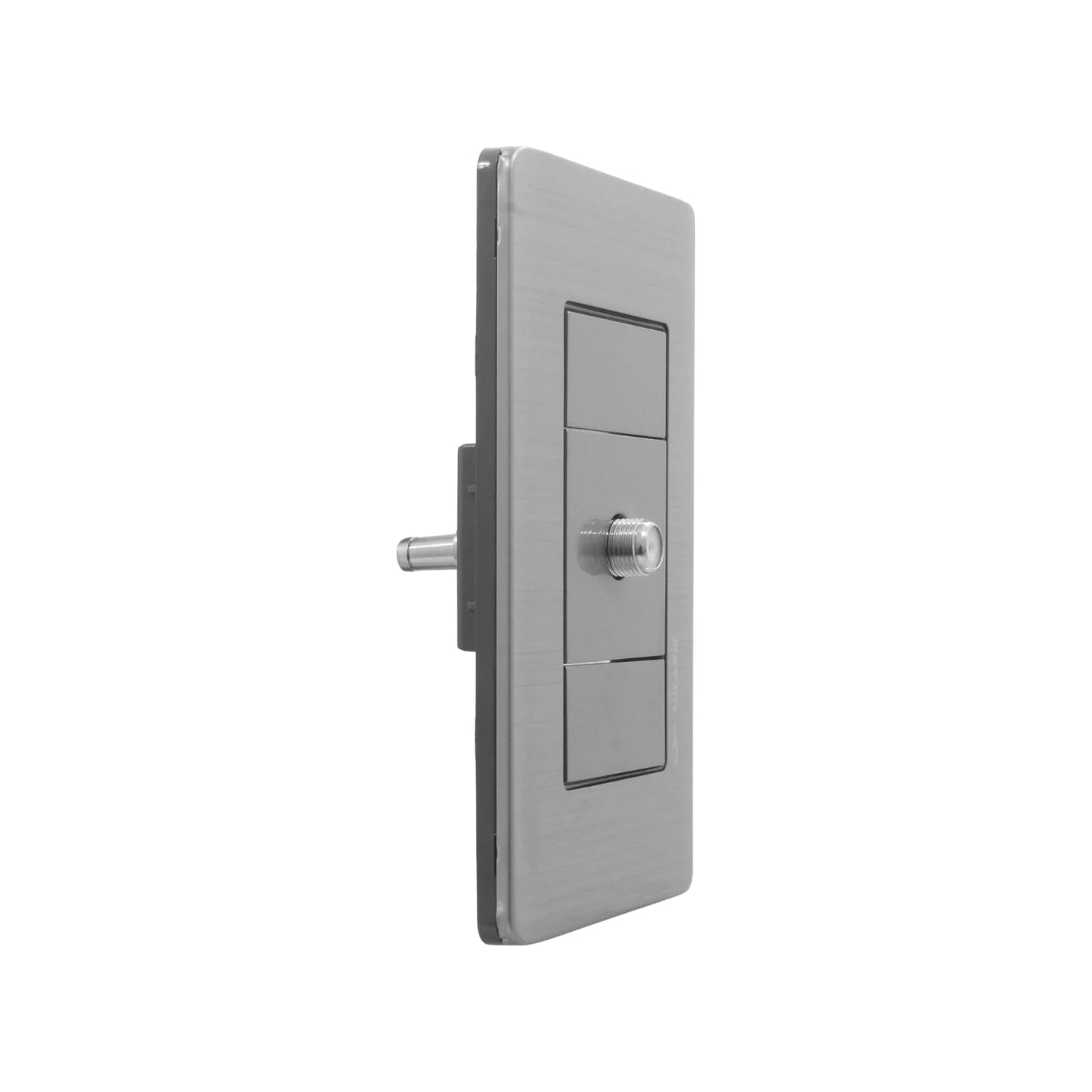 Placa de pared gris con acabado cepillado para 1 entrada de cable coaxial, conector F tipo rosca