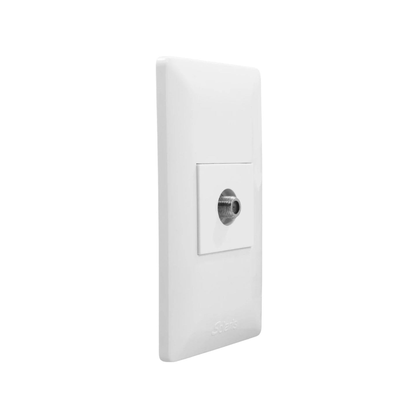Placa de pared blanca Solaris de 1 entrada para cable coaxial tipo F, ideal para toma de TV/Antena.