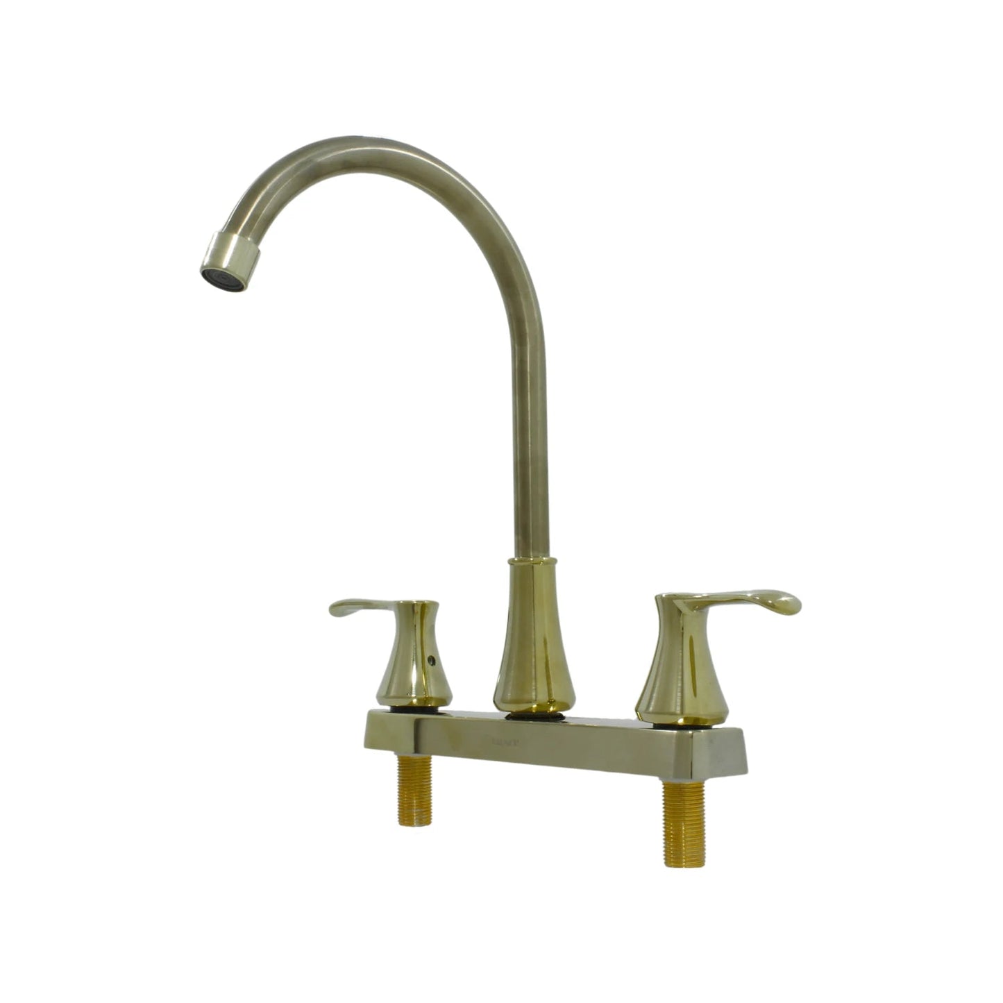 Mezcladora de cocina bicolor con pico curvo níquel cepillado y manijas/base doradas para fregadero