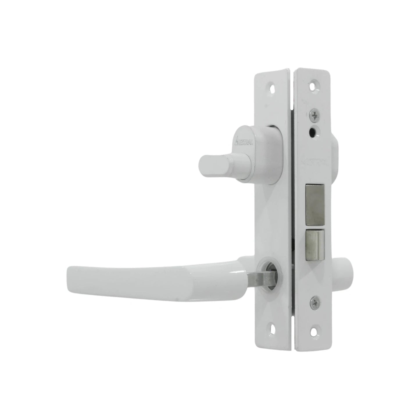 Cerradura Austral blanca para puertas de aluminio, con manija palanca, picaporte y seguro de perilla