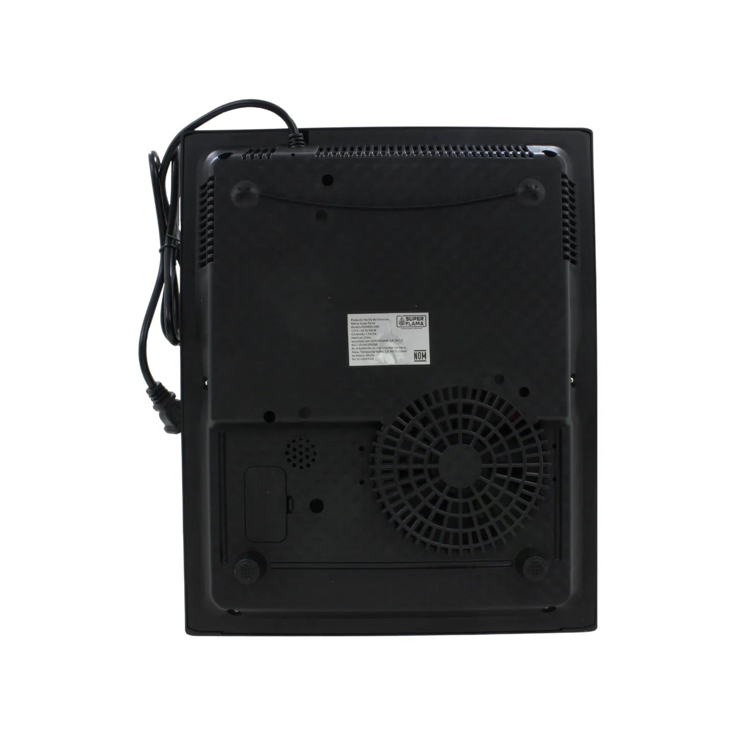 Parrilla de inducción eléctrica portátil Super Flama de 1 quemador, vista trasera negra con ventilador.
