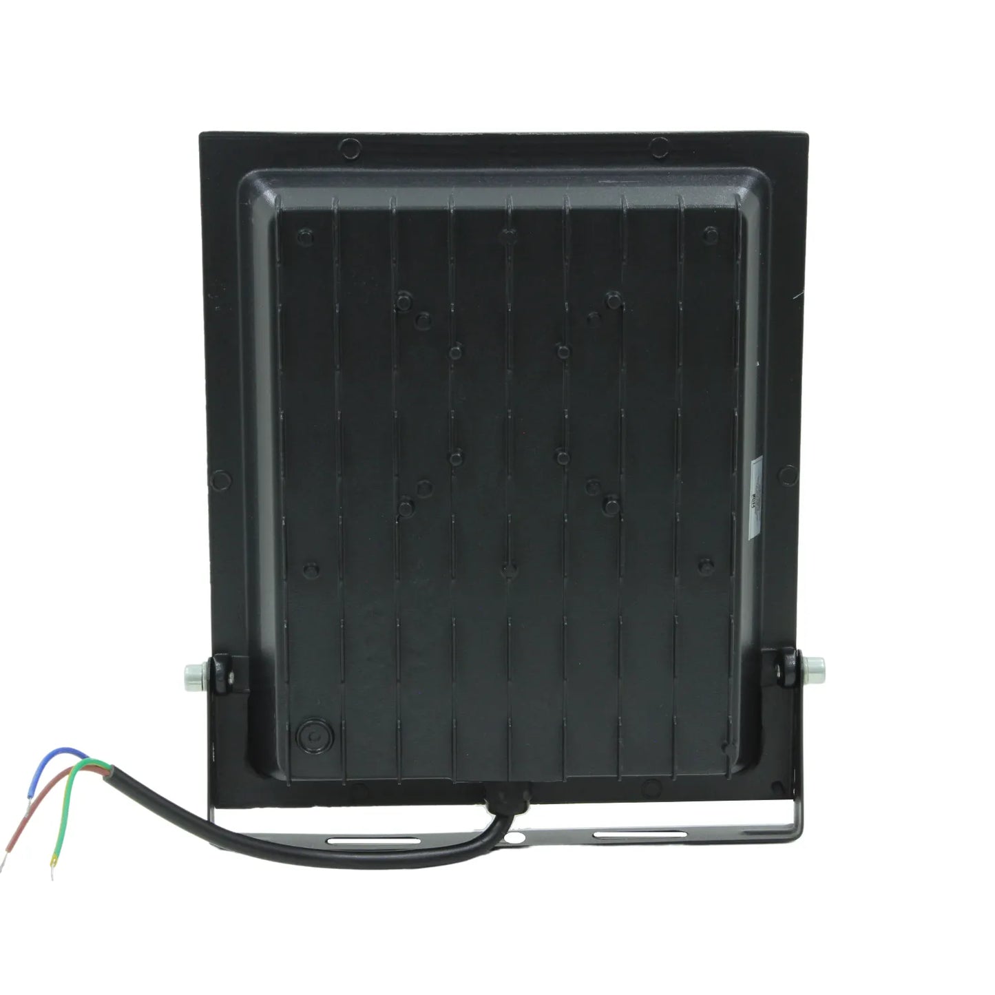 Foco proyector LED negro vista trasera, con aletas disipadoras, soporte de montaje y cableado eléctrico para exterior.