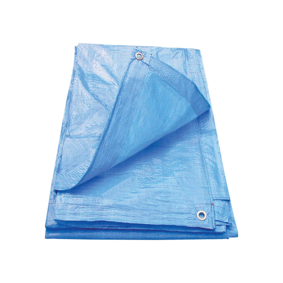 Lona azul ligera doblada, impermeable para exterior, protección contra intemperie en jardín, camping u obra, con ojillos
