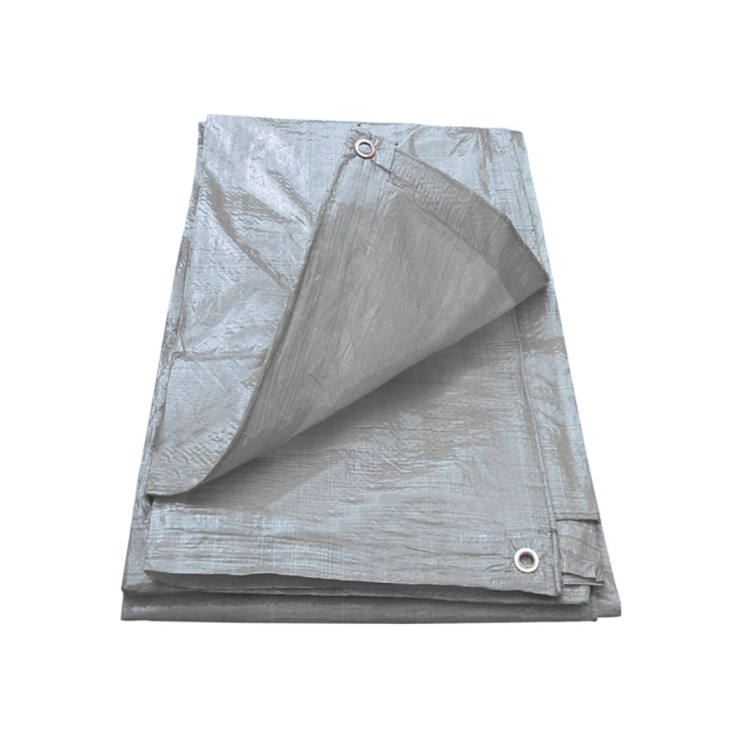 Lona gris ligera plegada con ojales, ideal para protección multiusos en exteriores y cubiertas.