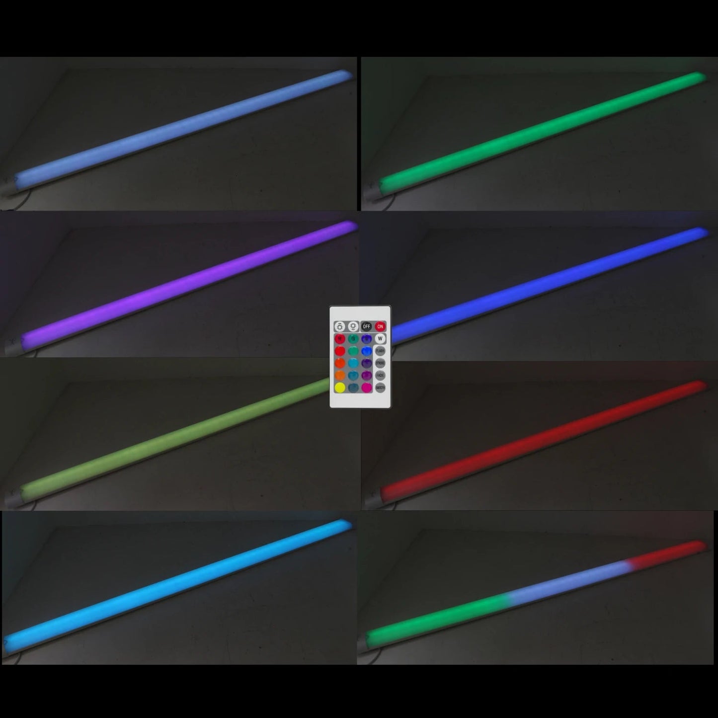 Tubo LED RGB multicolor con control remoto, mostrando iluminación en tonos blanco, verde, azul, rojo y efecto gradiente.