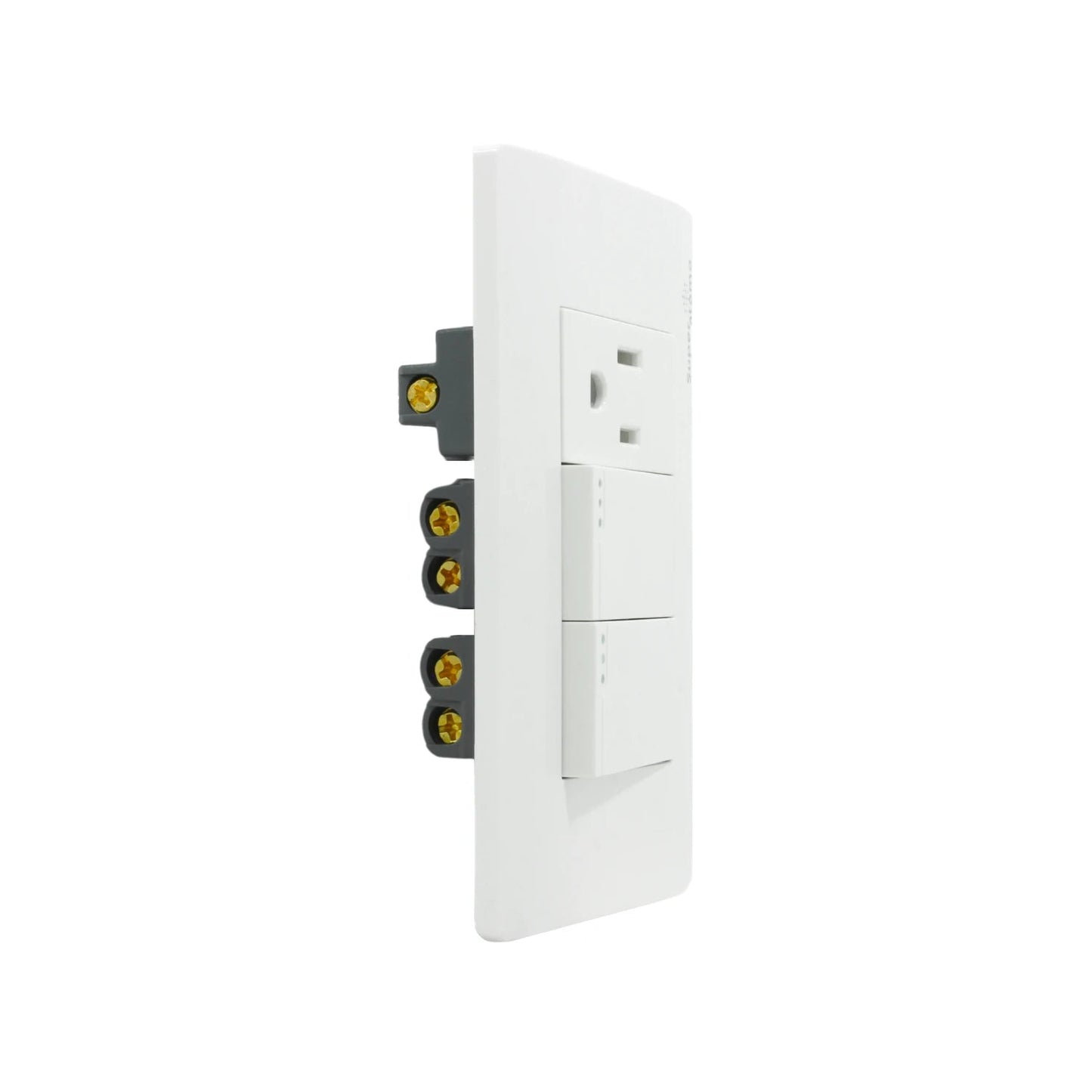 Placa de pared blanca con un contacto eléctrico y dos apagadores de luz, uso residencial.