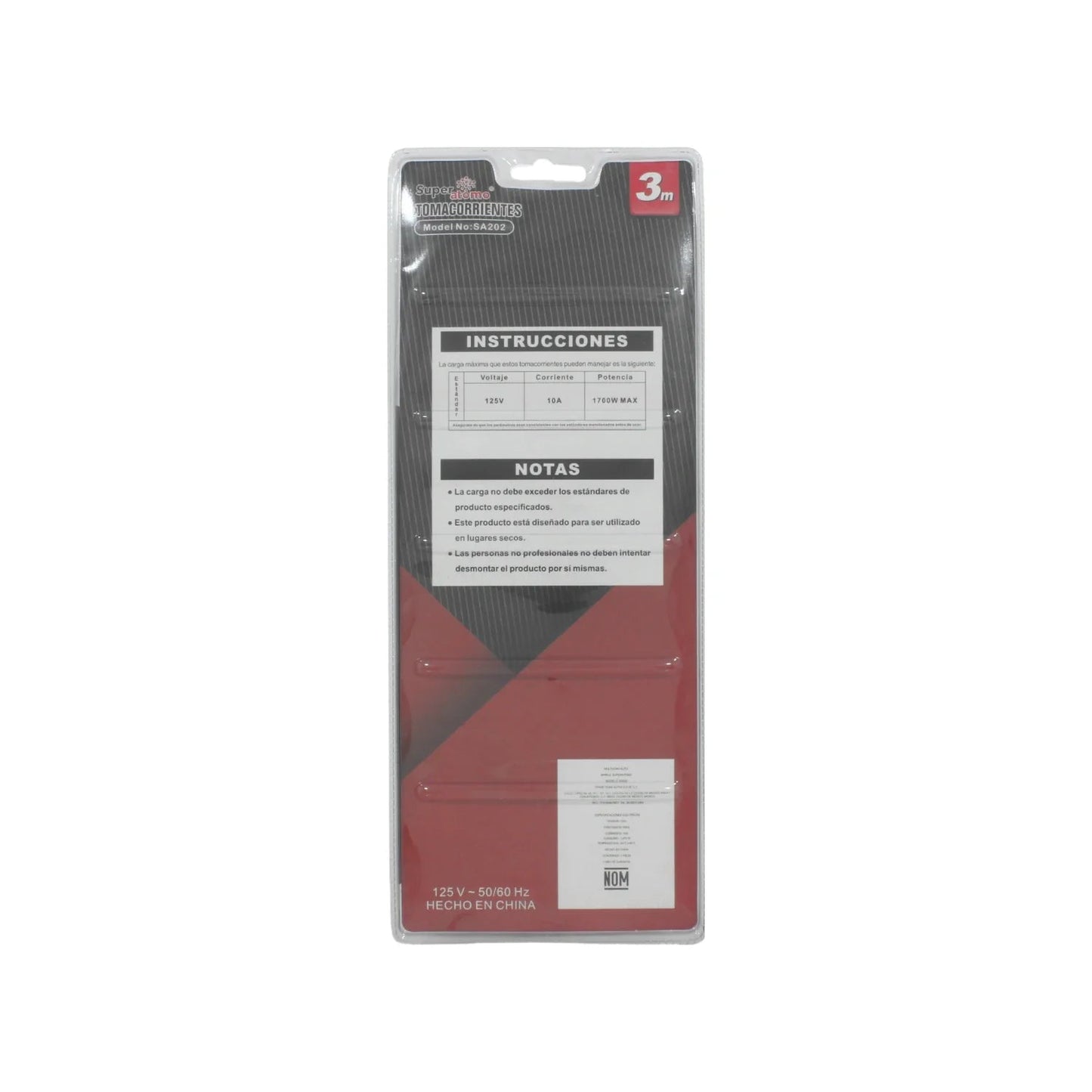 Multicontacto Super Átomo SA202 de 4 entradas, cable 3m, 125V 10A 1700W máximo, color oscuro.