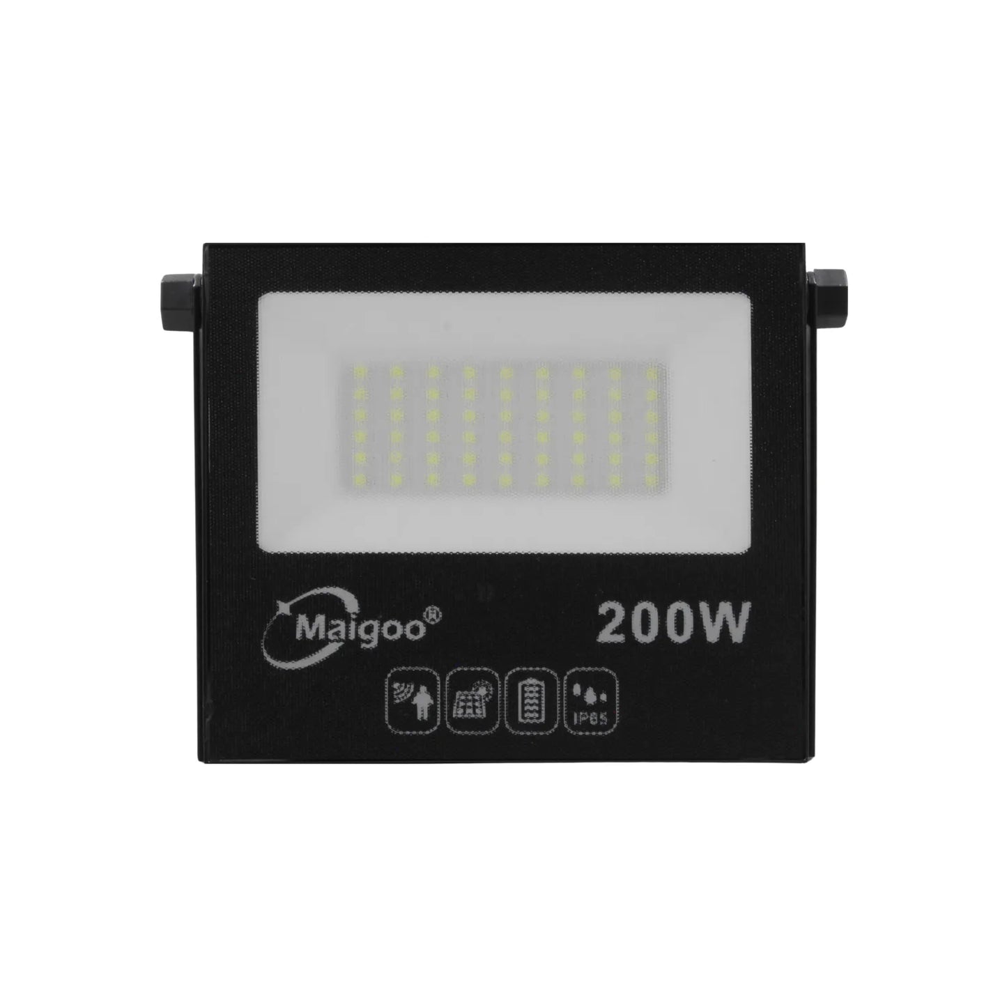 Reflector solar LED Maigoo negro 200W, resistente al agua IP65 ideal para iluminación exterior.