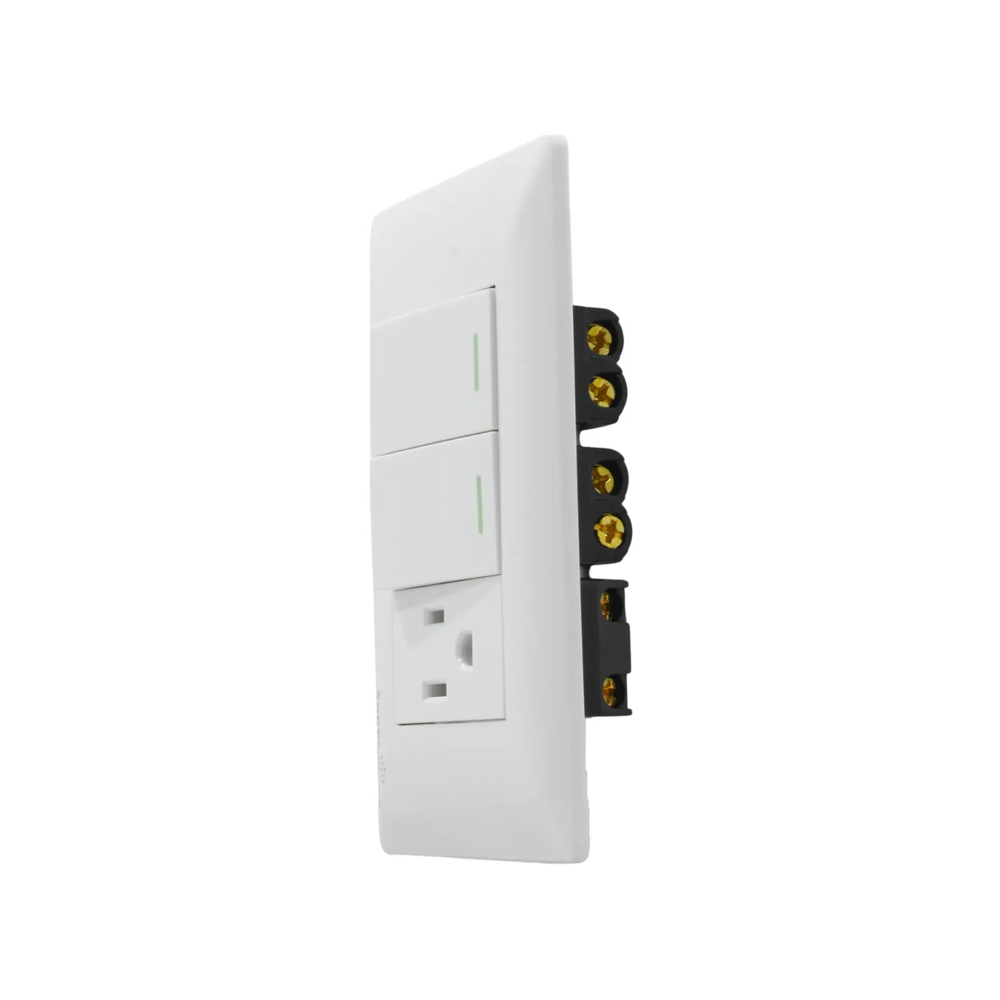 Placa blanca con 2 apagadores de escalera y 1 contacto eléctrico dúplex, para instalaciones residenciales.