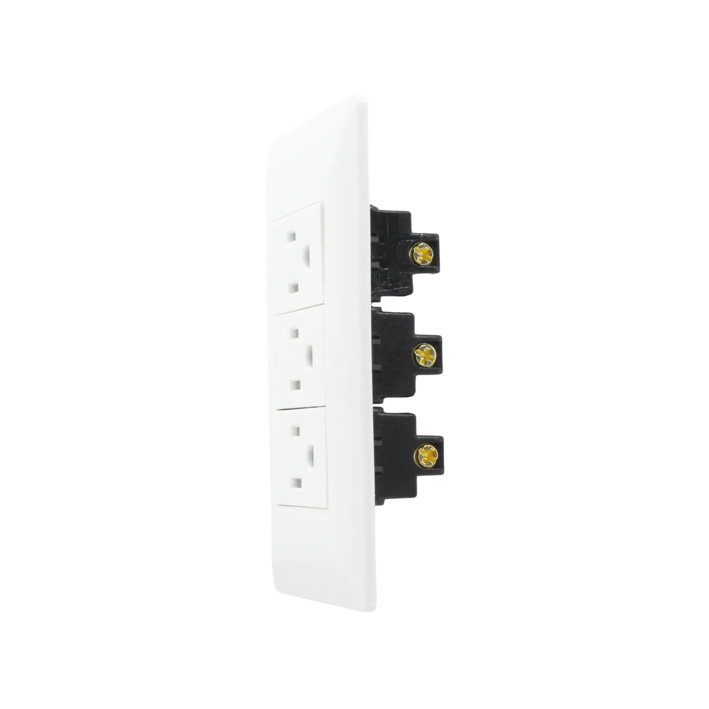 Placa de pared blanca con 3 contactos eléctricos, toma de corriente triple para enchufes