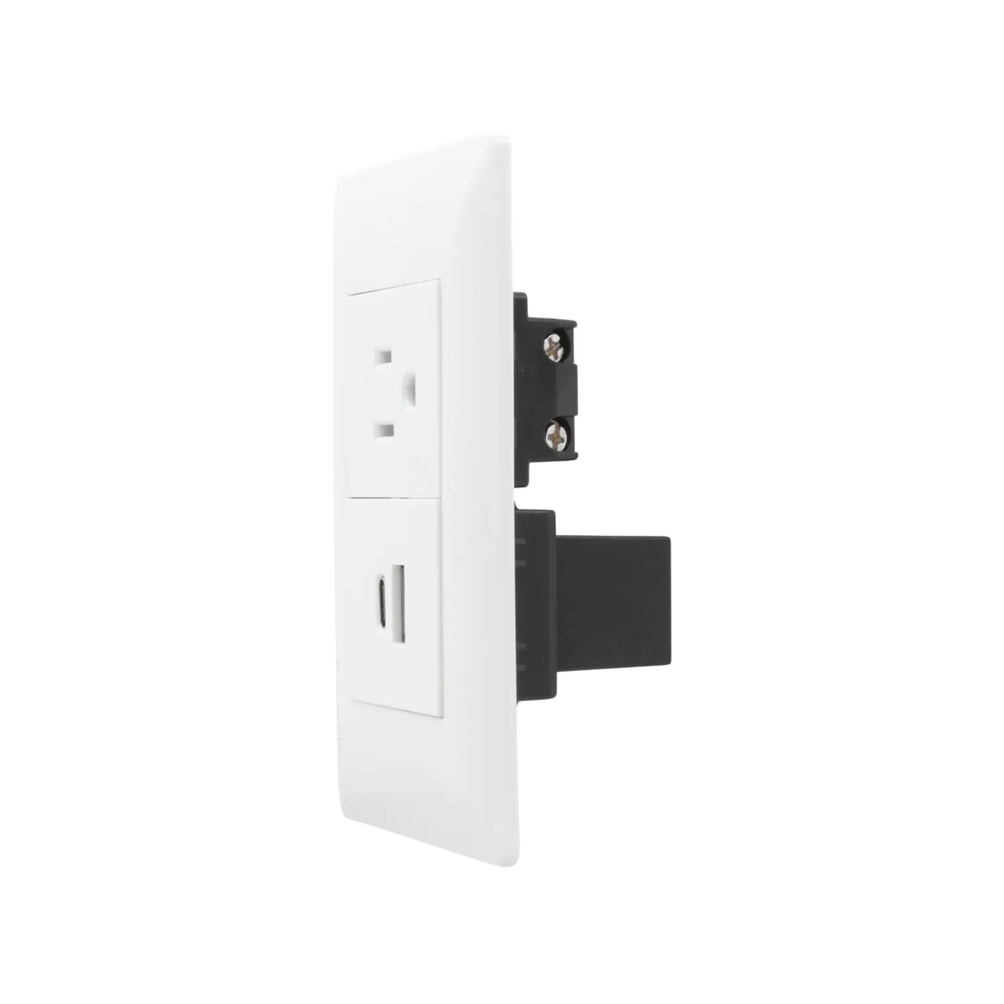 Placa de pared eléctrica blanca con 1 tomacorriente y 1 puerto USB-A integrado para carga de dispositivos