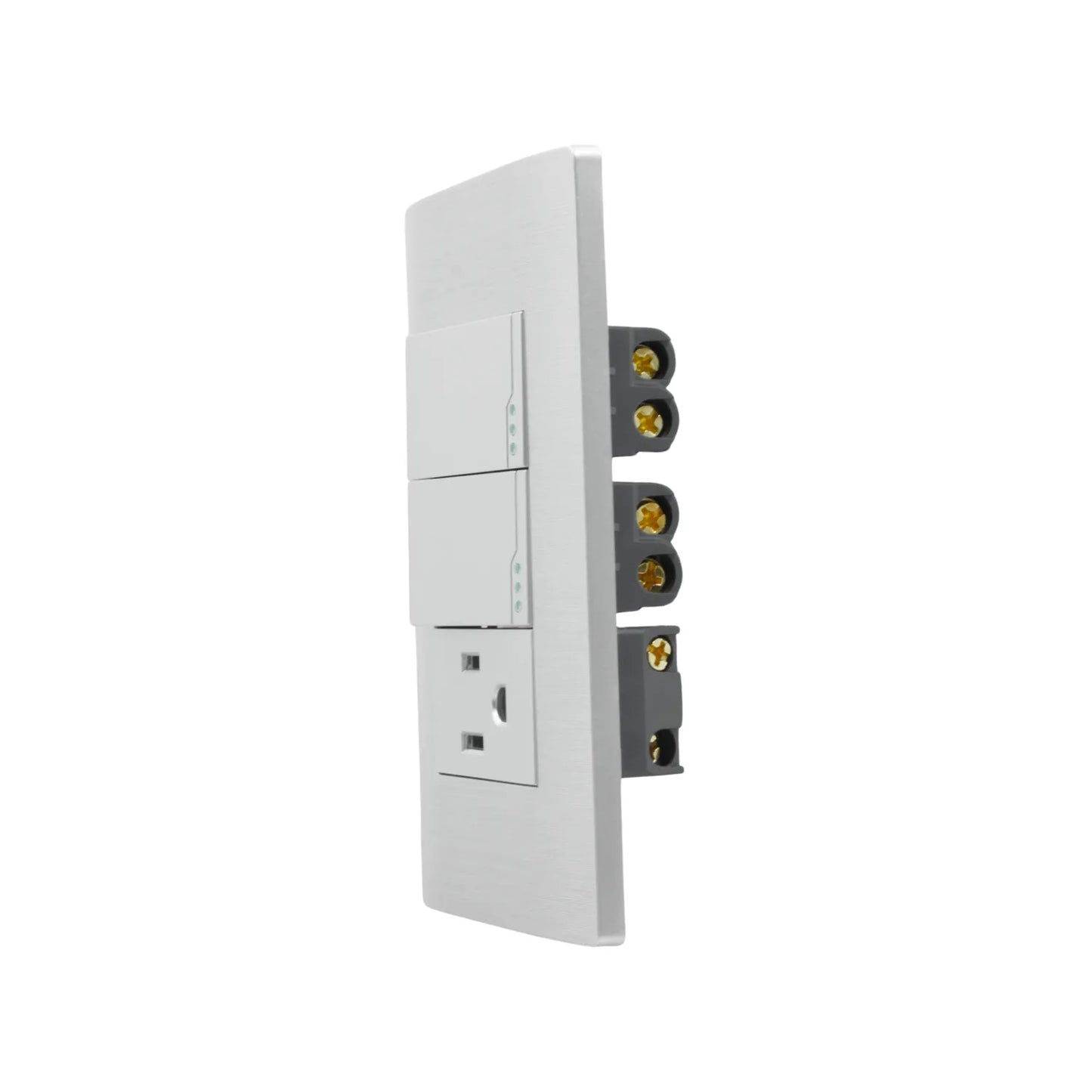 Placa eléctrica con 2 apagadores blancos y 1 contacto polarizado, acabado plateado cepillado, con terminales visibles.