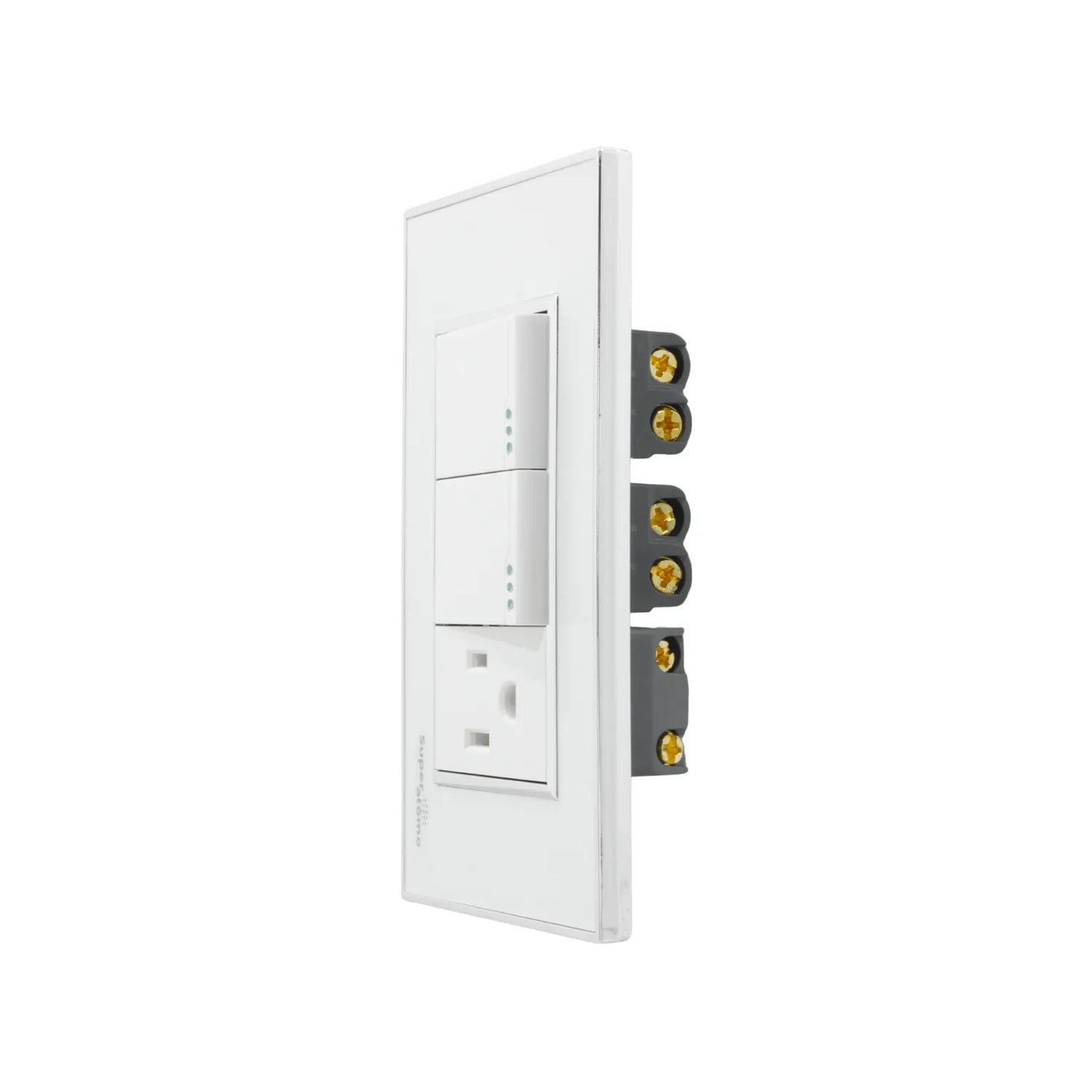 Placa blanca Super átomo con dos apagadores y un contacto eléctrico, para instalación de luz y corriente.
