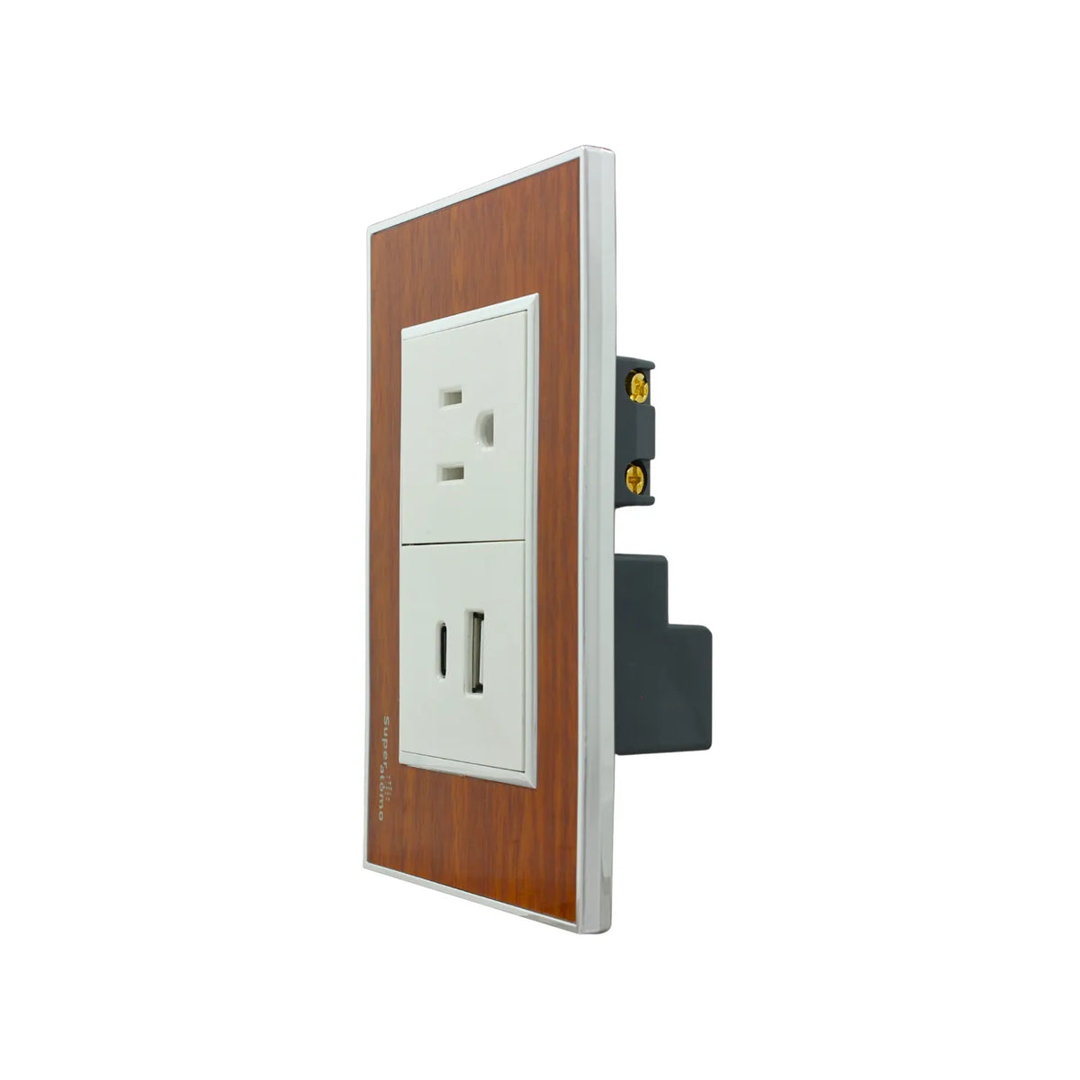 Toma de corriente con USB-C y USB-A Superátomo, placa decorativa madera y borde cromado para pared.