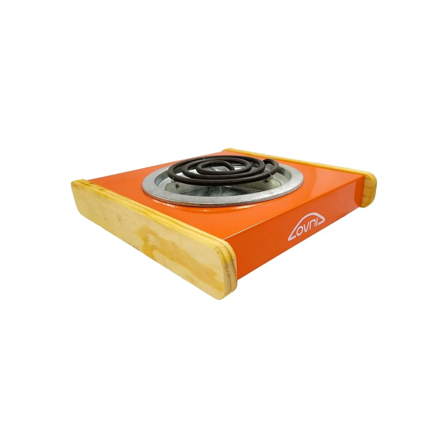 Parrilla eléctrica Ovni 1 quemador, base de madera y superficie naranja brillante, para cocinar portátil.
