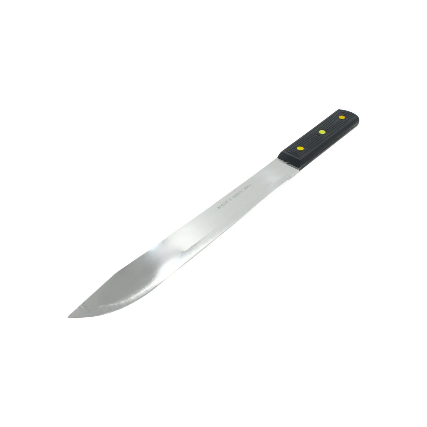 Cuchillo cebollero 9" Mark's Knife, mango plástico negro, 3 remaches amarillos, hoja acero inoxidable.