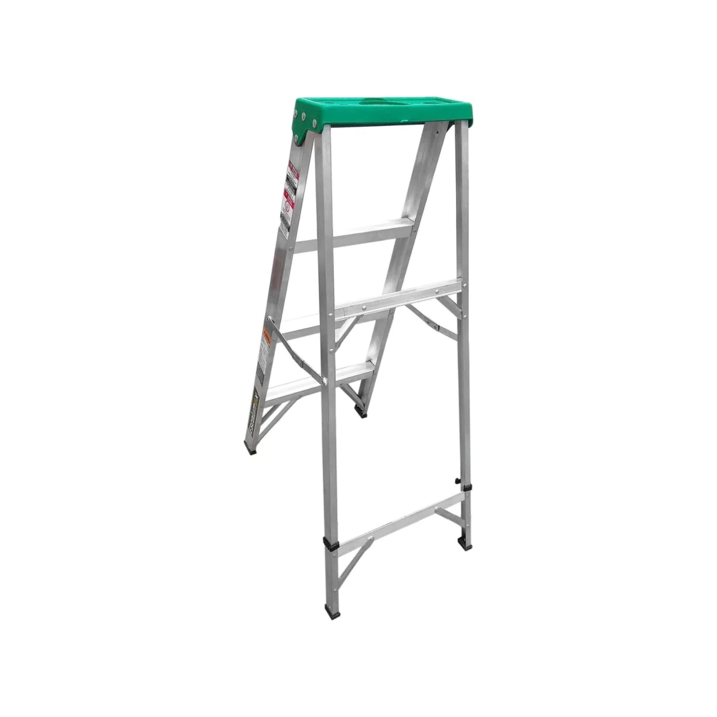 Escalera de tijera aluminio 3 peldaños con plataforma superior verde para trabajo doméstico