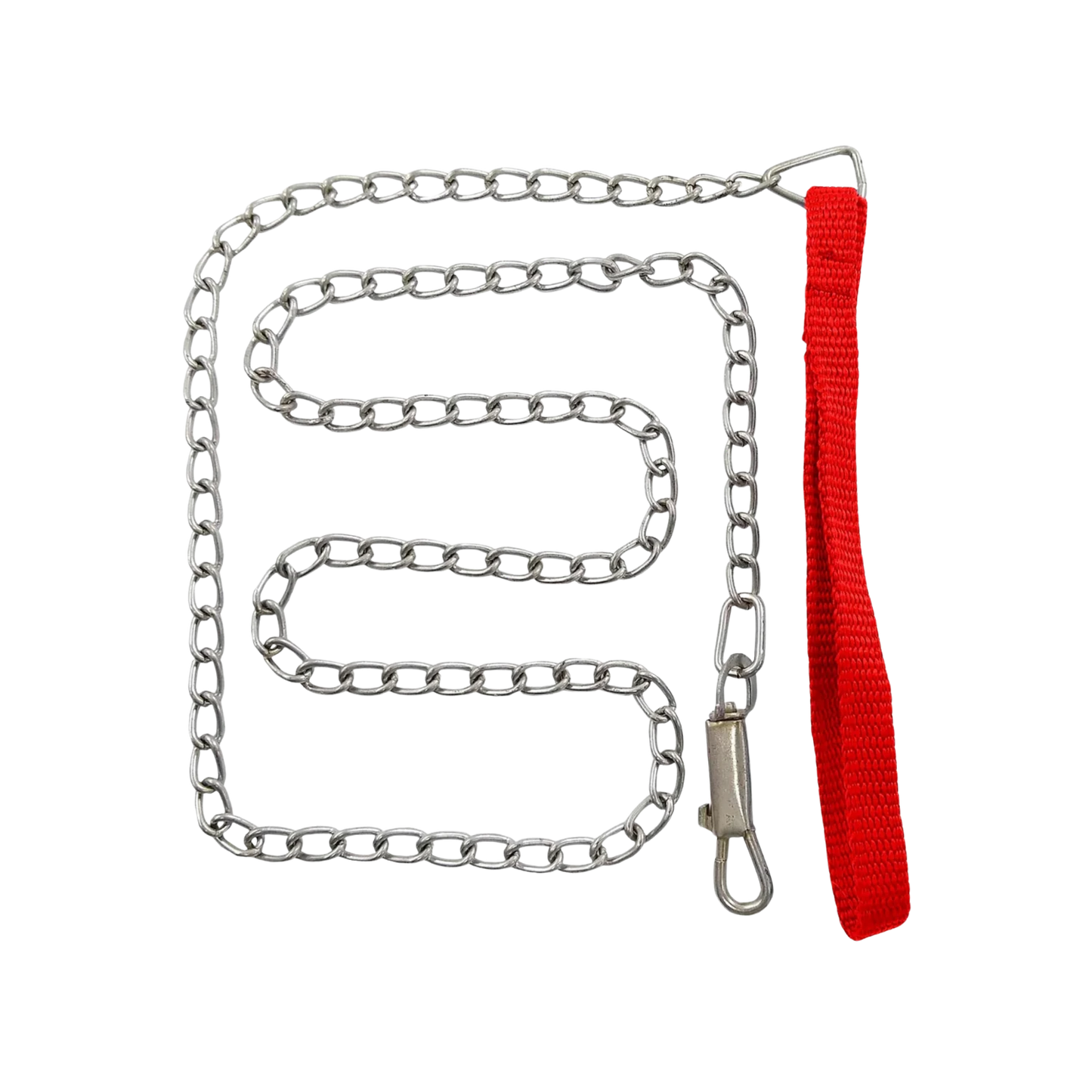Correa de cadena de acero para perro con eslabones resistentes, asa de nylon roja y gancho de seguridad.