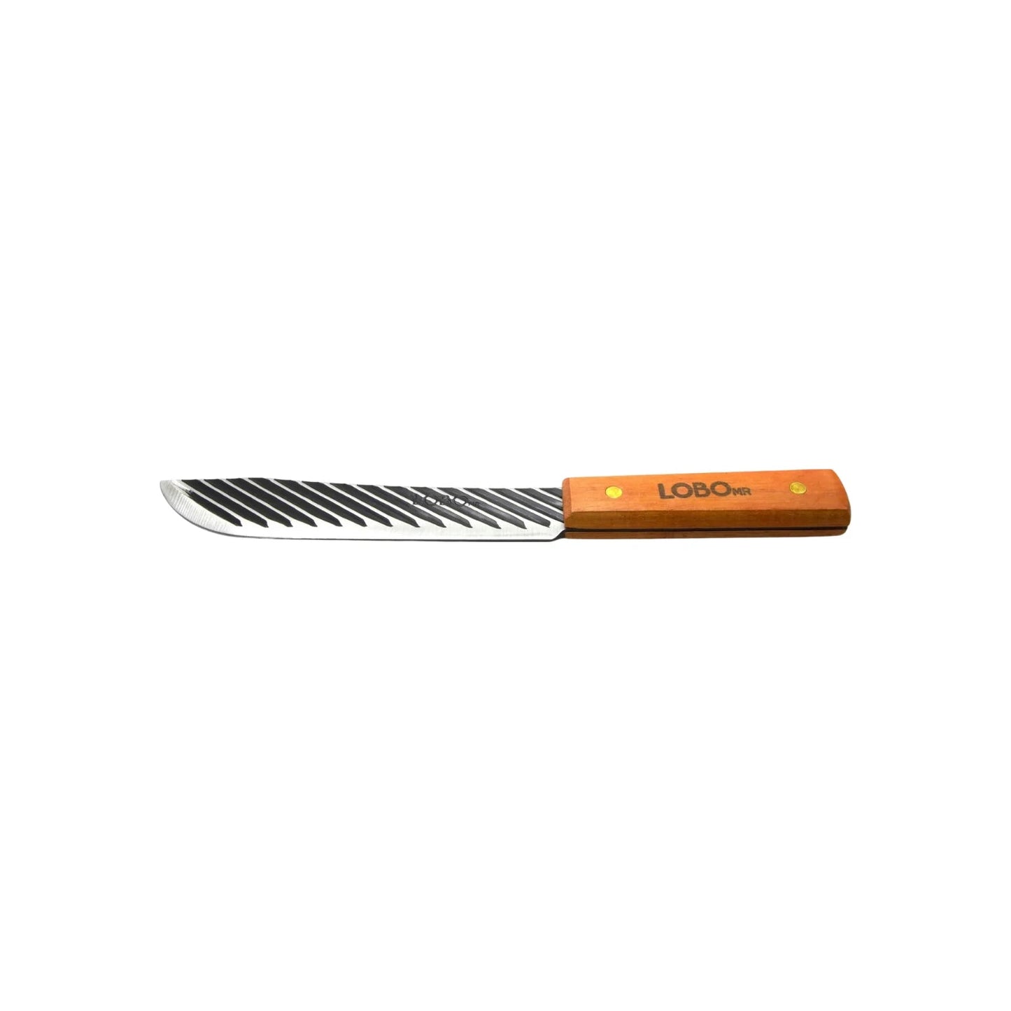 Cuchillo LOBO MR carnicero, hoja de acero estriada y mango de madera con remaches dorados