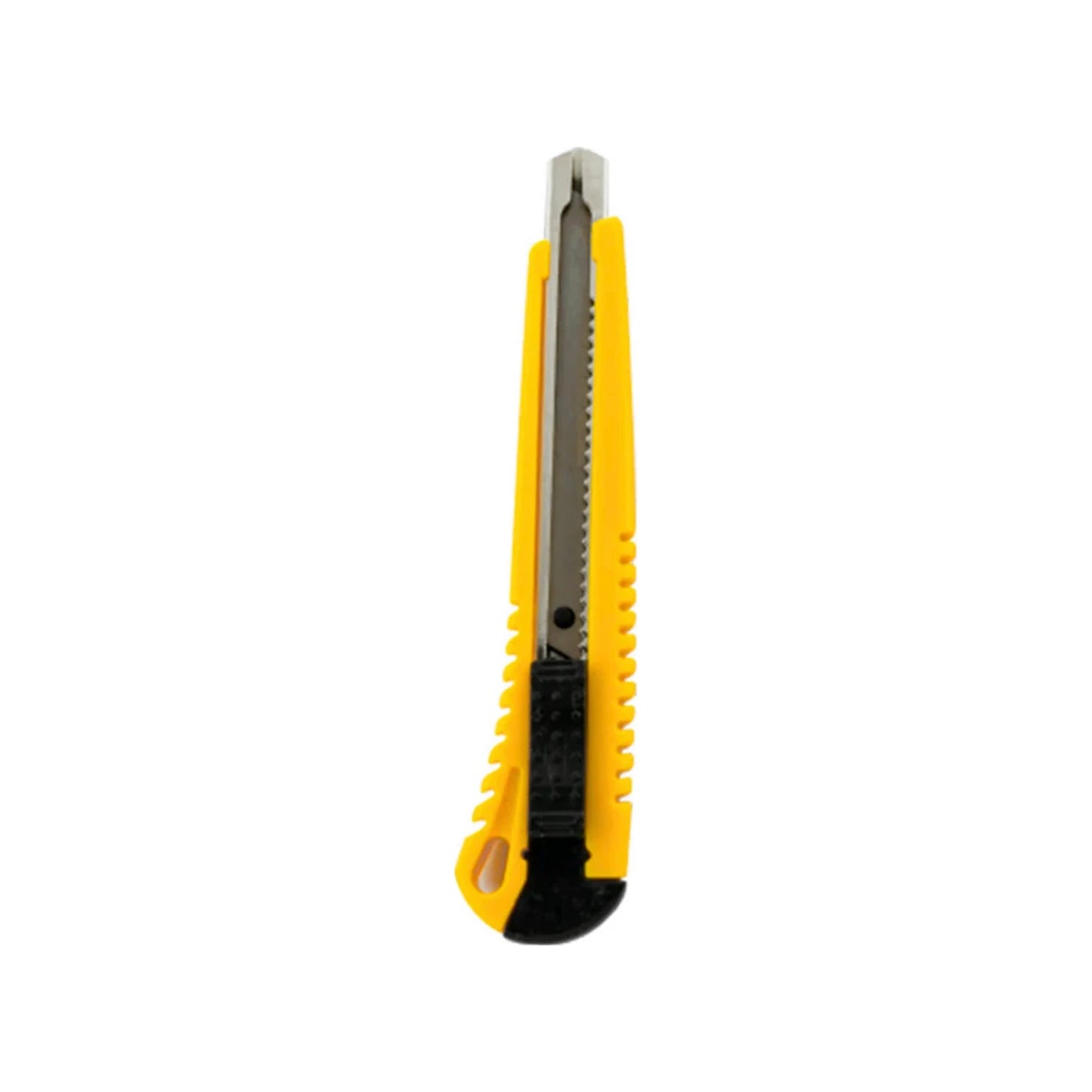 Cúter amarillo y negro con hoja de metal segmentada, retráctil para corte de materiales ligeros y cartón.