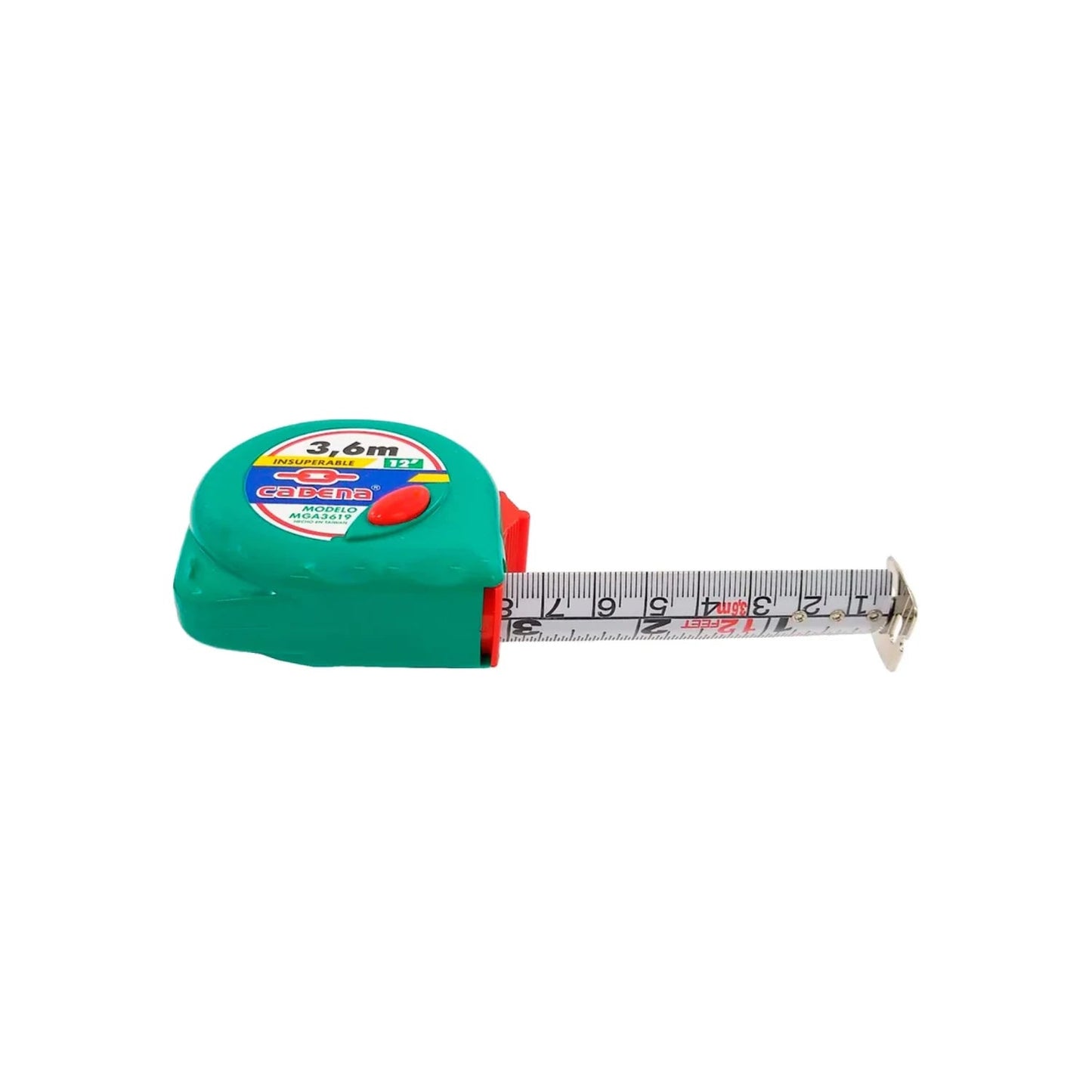 Flexómetro Cadena verde 3.6 metros (12 pies) cinta métrica duradera para medición en obra y taller.
