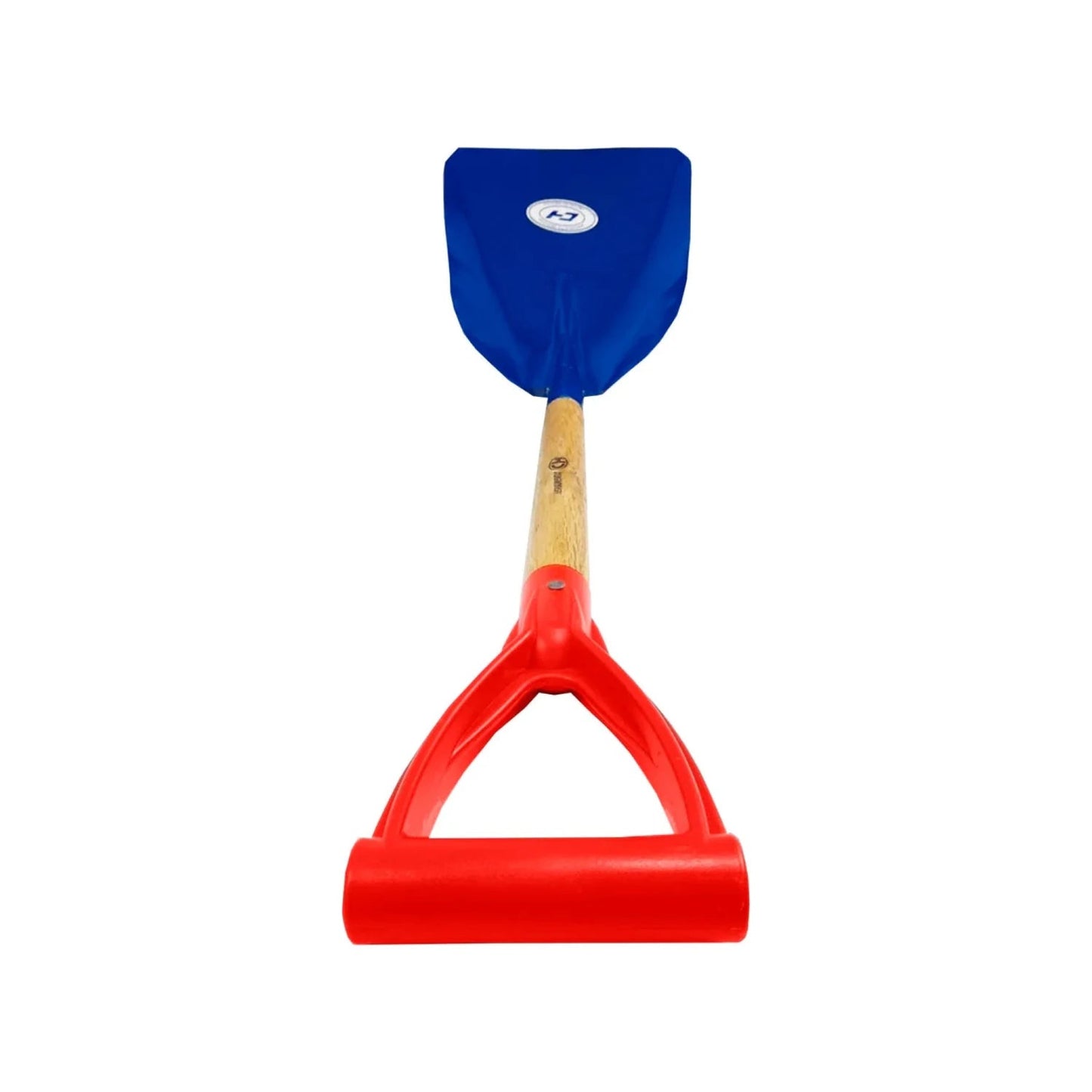 Pala carbonera azul con mango de madera y puño D de plástico rojo resistente